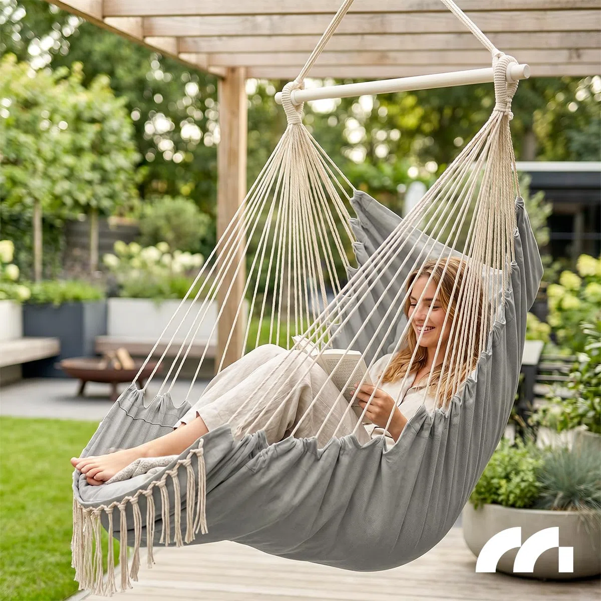MalTec Fotel wiszący, 2 poduszki, wiszące krzesło ogrodowe, hamak brazylijski Swing Cocoon LUA Long jasnoszary