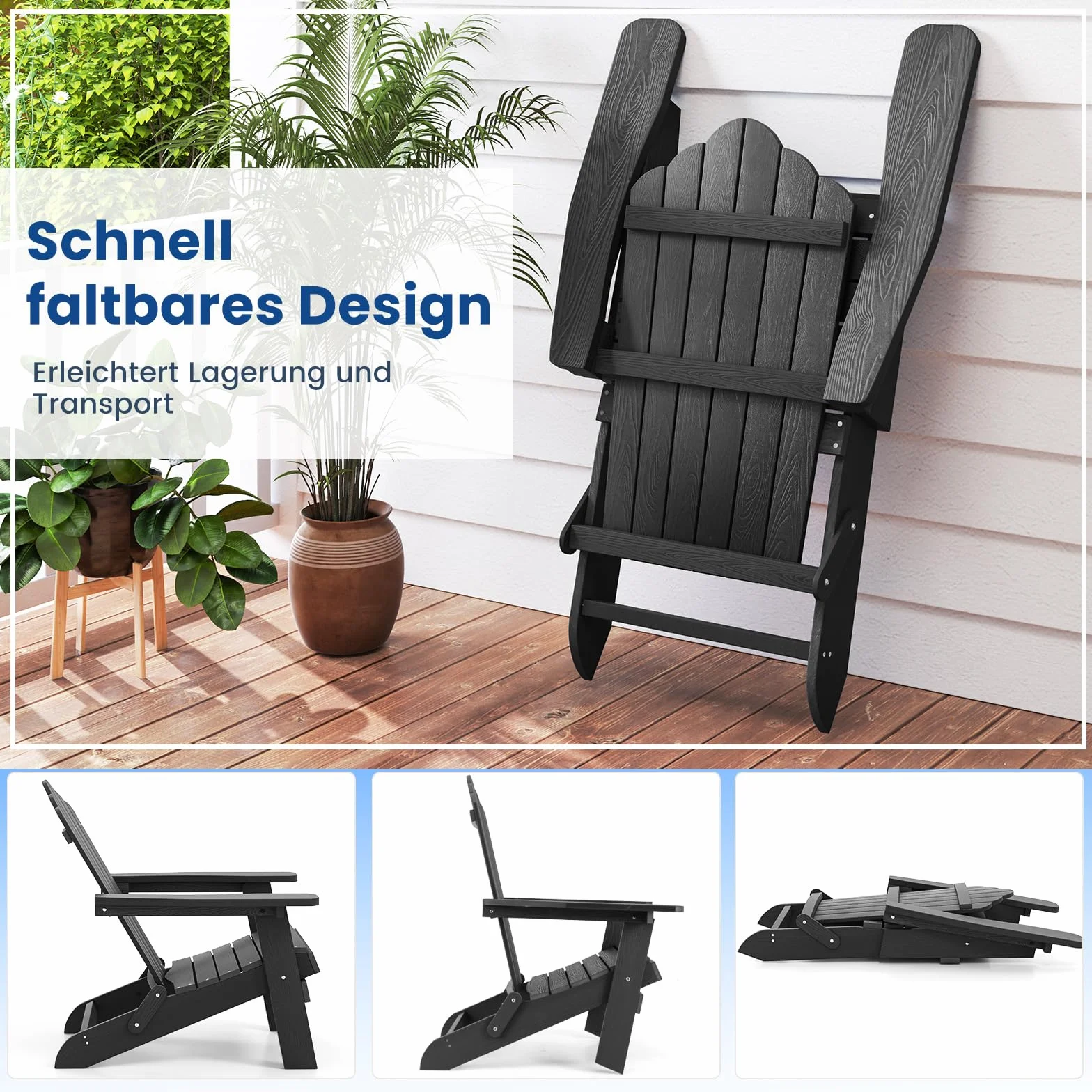 COSTWAY Adirondack krzesło składane, odporne na warunki atmosferyczne Adirondack Chair z tworzywa sztucznego, krzesło ogrodowe z wysokim oparciem i szerokimi podłokietnikami, do ogrodu, na taras,