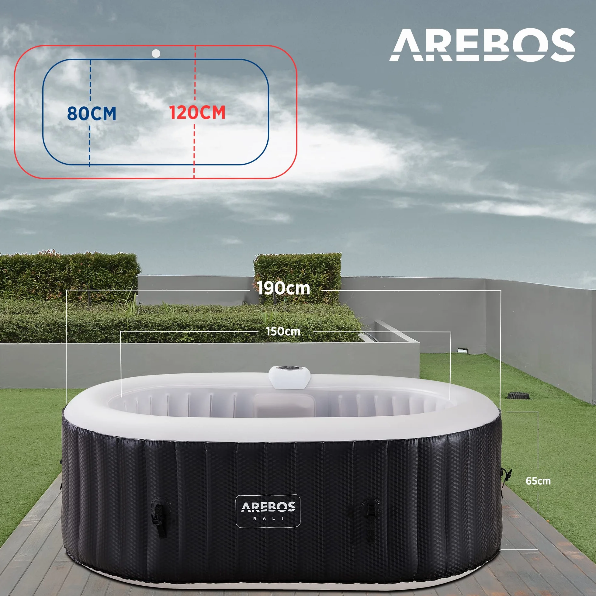 Arebos Nadmuchiwane Spa Owal 190x120 cm 2 osoby 90 dysz masujących Ogrzewanie 550 litrów LED