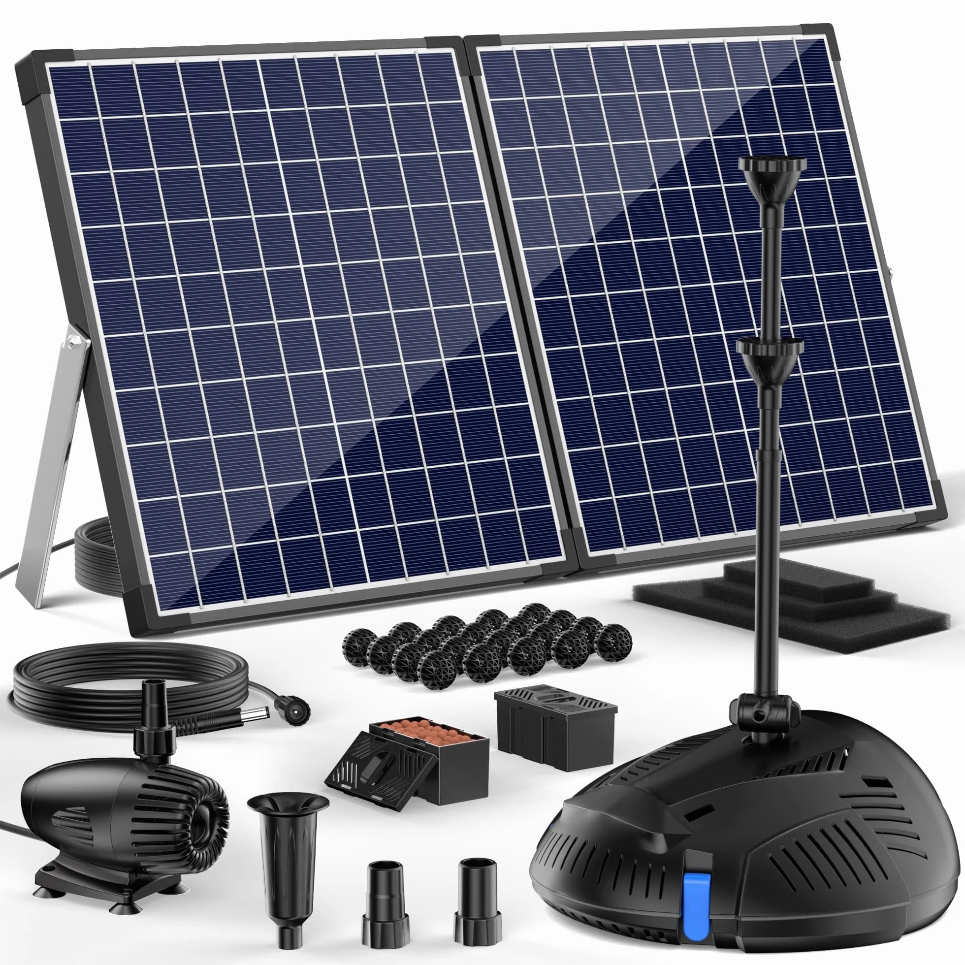 Biling 50W solarna pompa do stawu z filtrem, pompa solarna do stawu o przepływie 2100 L/H, solarna pompa filtracyjna do stawu z 3 dyszami i regulatorem przepływu, kabel 8m dla stawu ogrodowego, małego