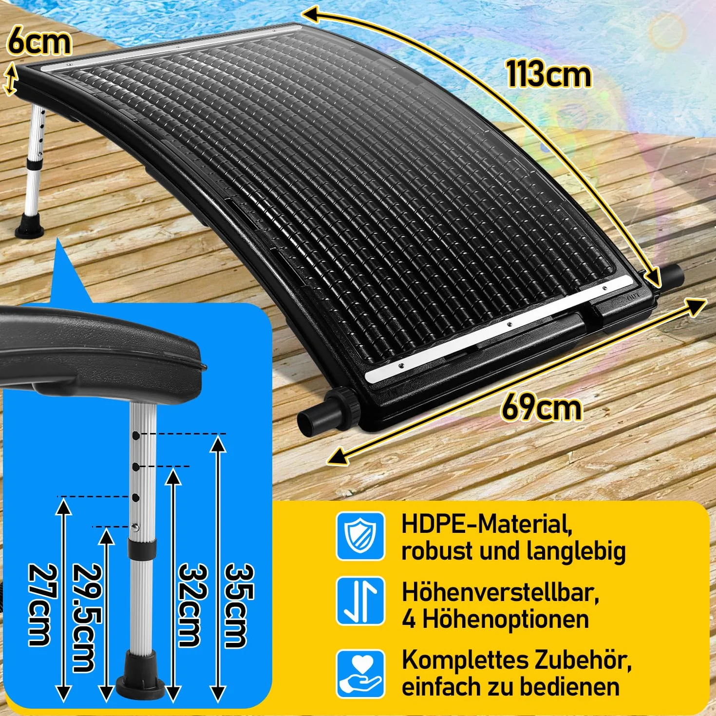 Jopassy Solarne ogrzewanie basenu, kolektor słoneczny, 110 x 65 x 15 cm, ogrzewanie solarne 10 000 l/h, przyłącze 38-40 mm, możliwość rozszerzenia, instalacja solarna do ciepłej wody, prysznic