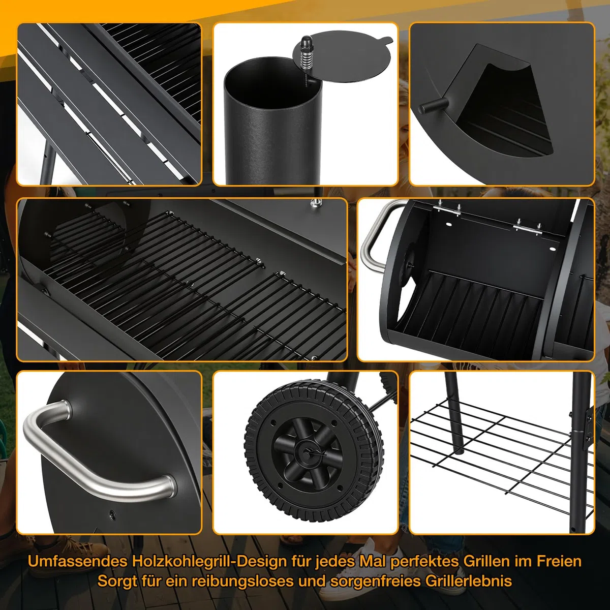 Grill wędzarniczy na węgiel drzewny z pokrywką i termometrem, na kółkach, 2-komorowy wędzarnia do bezpośredniego i pośredniego grillowania, grill ogrodowy z półką, czarny