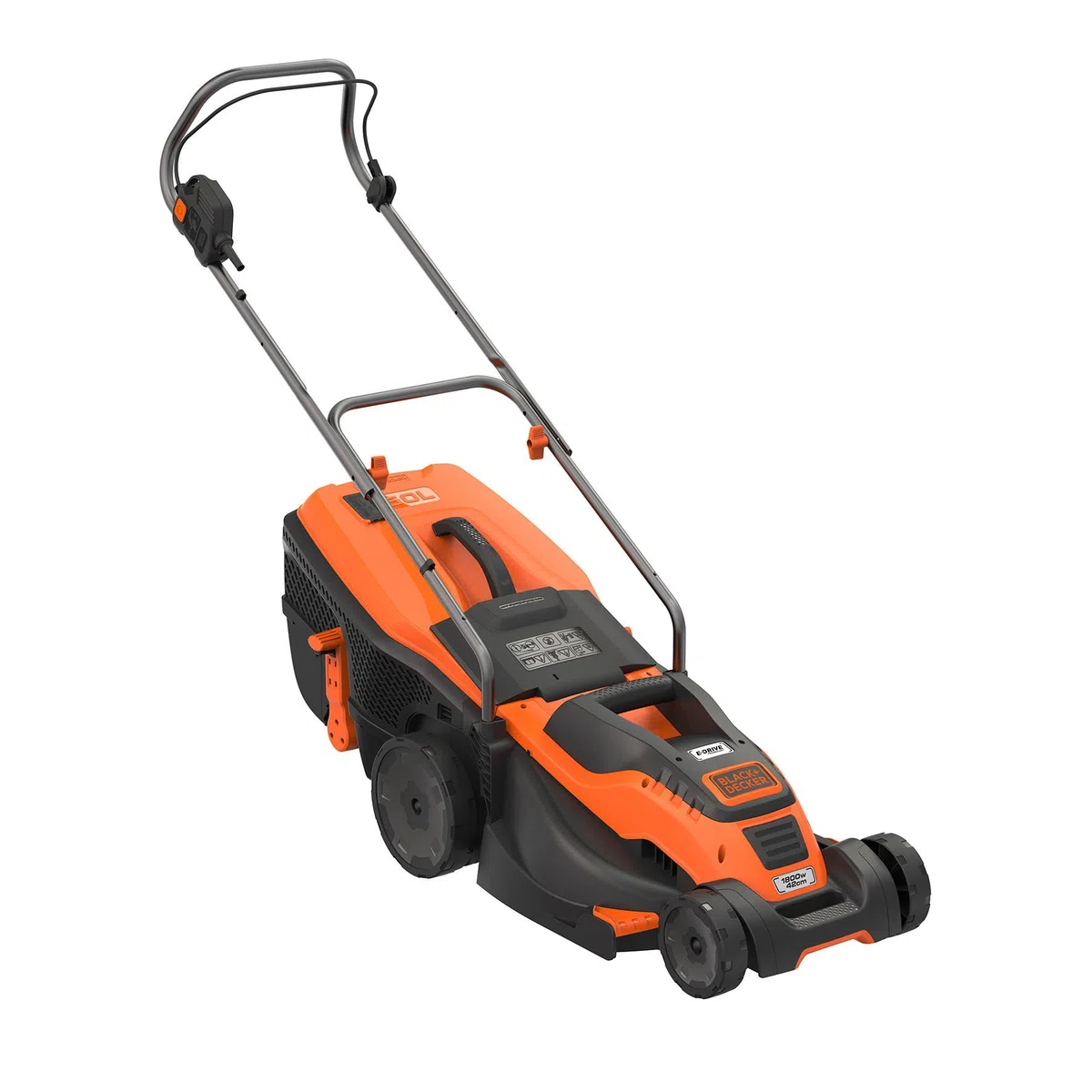 Black+Decker 1800 W Edge-Max EMAX42 elektryczna kosiarka do trawy, szerokość cięcia 42 cm, technologia E-Drive i funkcja Compact & Go, czarno-pomarańczowa