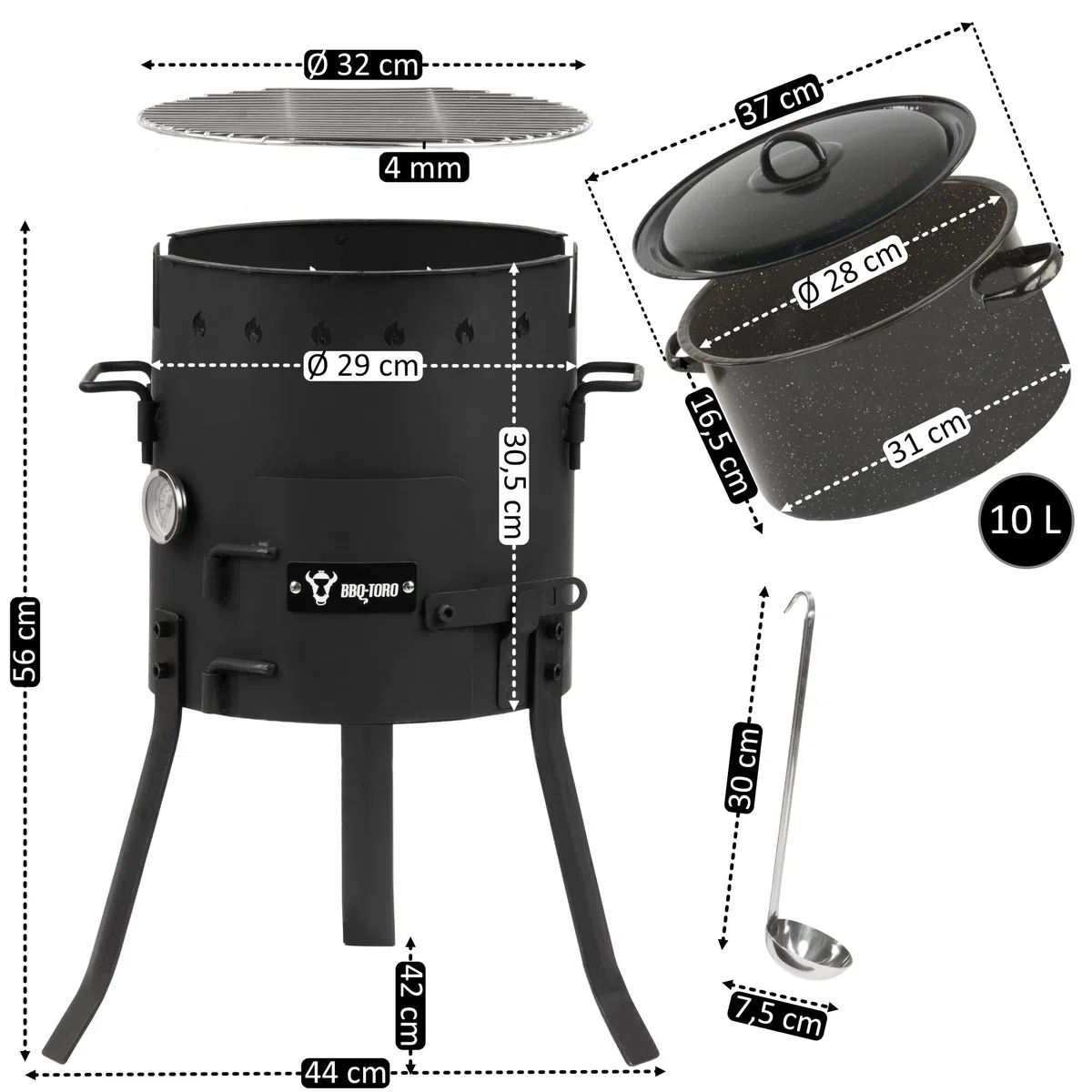 BBQ-Toro Piec jednogarnkowy do użytku na zewnątrz, Ø 29 cm, z garnkiem, rusztem do grillowania i chochlą do zupy, kociołek na gulasz, kociołek na ogień, piec outdoorowy, palenisko, kuchnia na zewnątrz