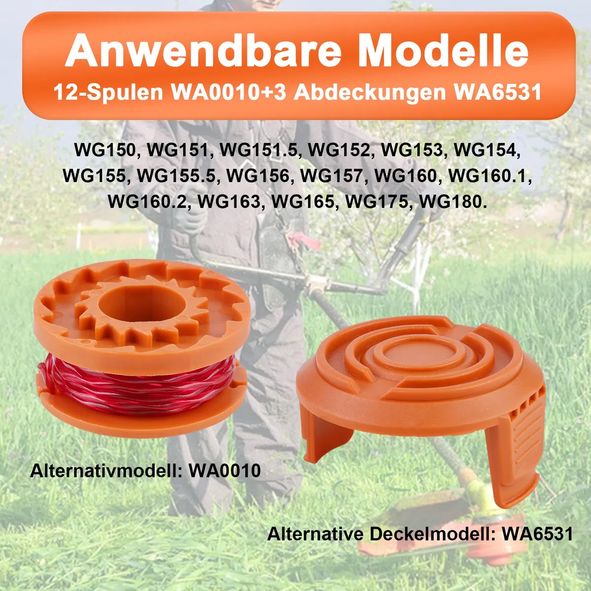 Zamienna szpula do podkaszarki do trawy Worx, wszystkie 20 V, szpula żyłki do podkaszarki, szpula zapasowa model WA0010 Ø 1,65 mm, długość 3 m (12 zapasowych szpul + 3 nasadki WA6531)