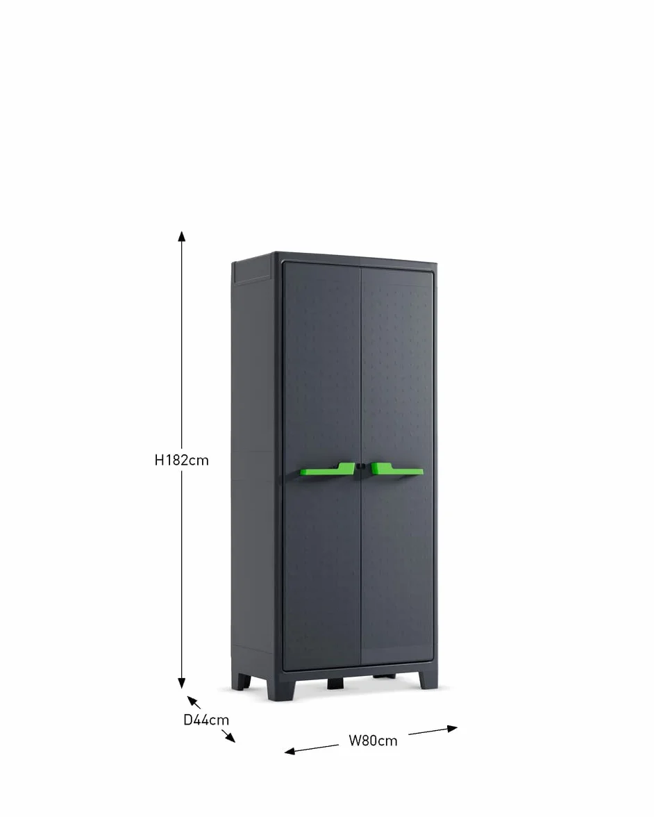 Keter Moby szafka z tworzywa sztucznego, wysoka, antracytowa/zielona/szara, 80 x 44 x 182 cm, w zestawie z 4 półkami o regulowanej wysokości, każda o nośności 30 kg, nadaje się do użytku wewnątrz i na