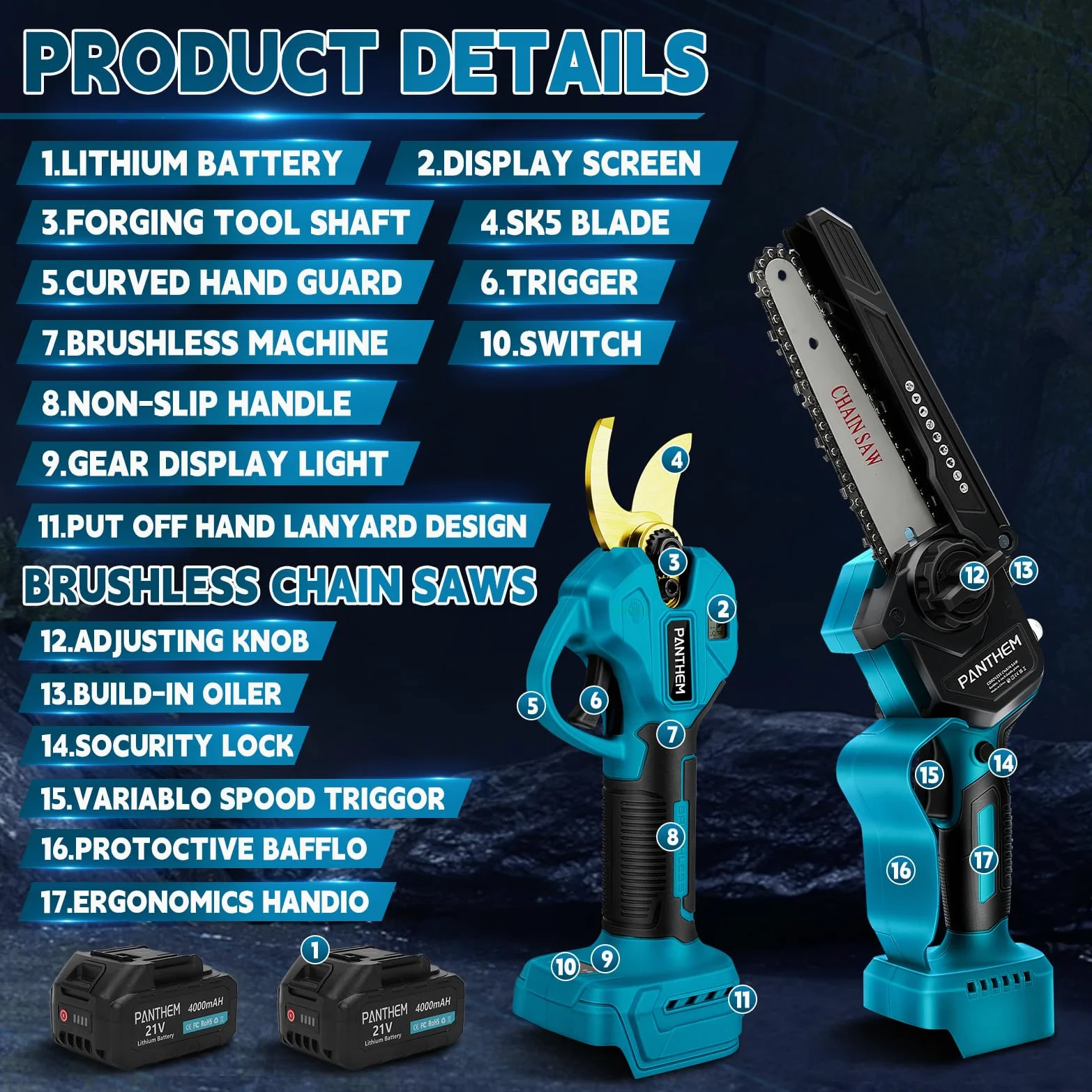 panthem Akumulatorowa sekator 4 w 1, 15 cm, mini piła łańcuchowa z akumulatorem do Makita 18 V i 45 mm elektryczne nożyce ogrodowe, 21 V, 4000 mAh, elektryczne nożyce do gałęzi, ręczna piła łańcuchowa