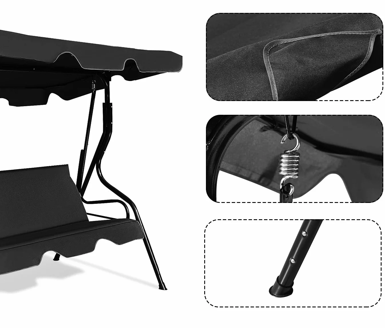 GIANTEX Huśtawka ogrodowa Hollywood, 3-osobowa, z daszkiem przeciwsłonecznym i oparciem, ze stalowym stelażem, obciążenie do 210 kg, leżak ogrodowy, huśtawka (czarna)