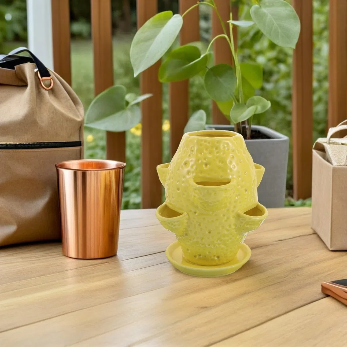 Levemolo Ceramiczna Doniczka Kształcie Cytryny z Wieloma Otworami i Podstawkiem Unikalny Dekoracyjny Kwietnik Do Sukulentów Ziół i Roślin Doniczkowych Do Użytku Wewnątrz i Zewnątrz