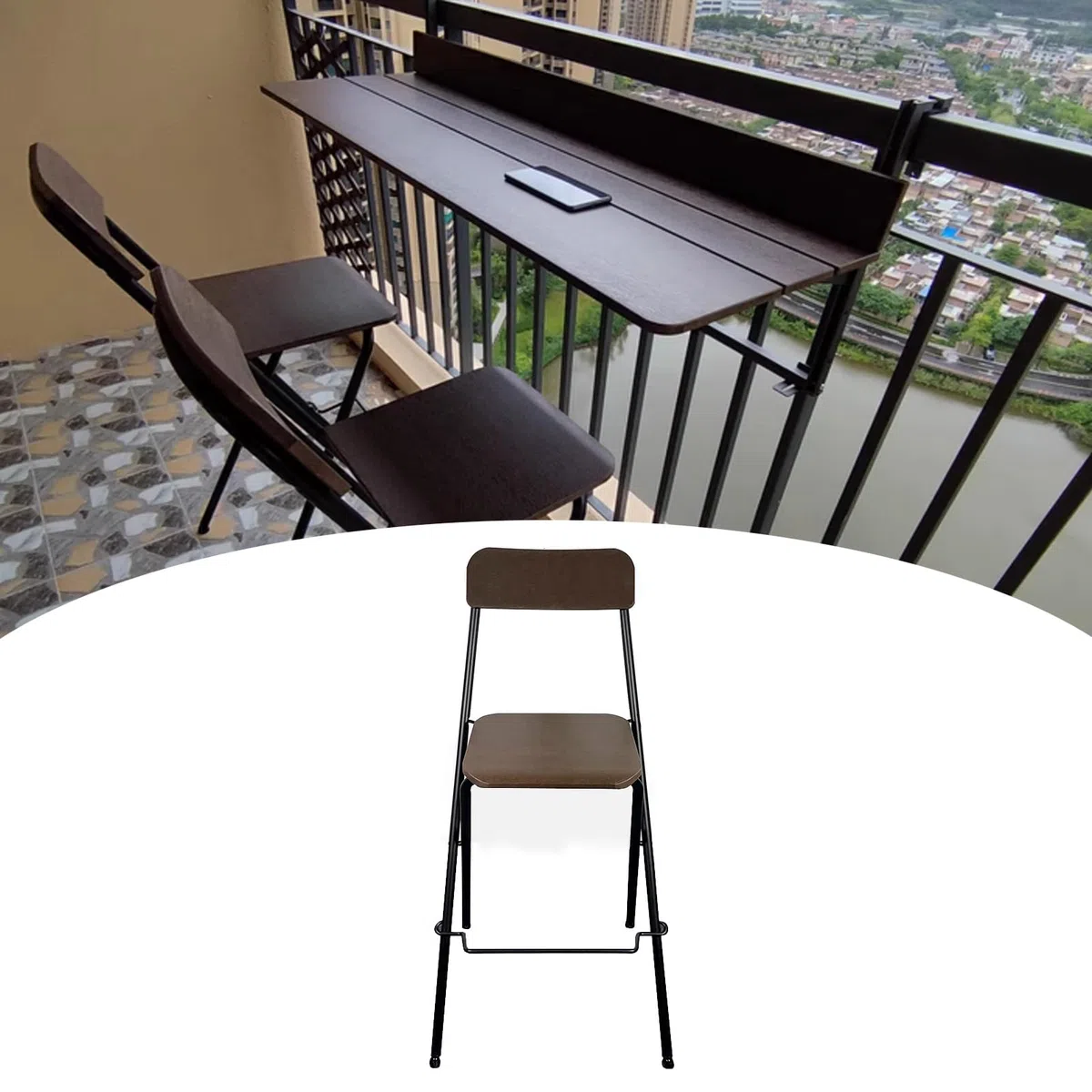 Składany stół naścienny - zewnętrzny wygląd drewna plastik i aluminium wszechstronny stojak na biurko do jadalni bar i stojak na rośliny na balkon i ogród (wysokość krzesła: 65 cm)