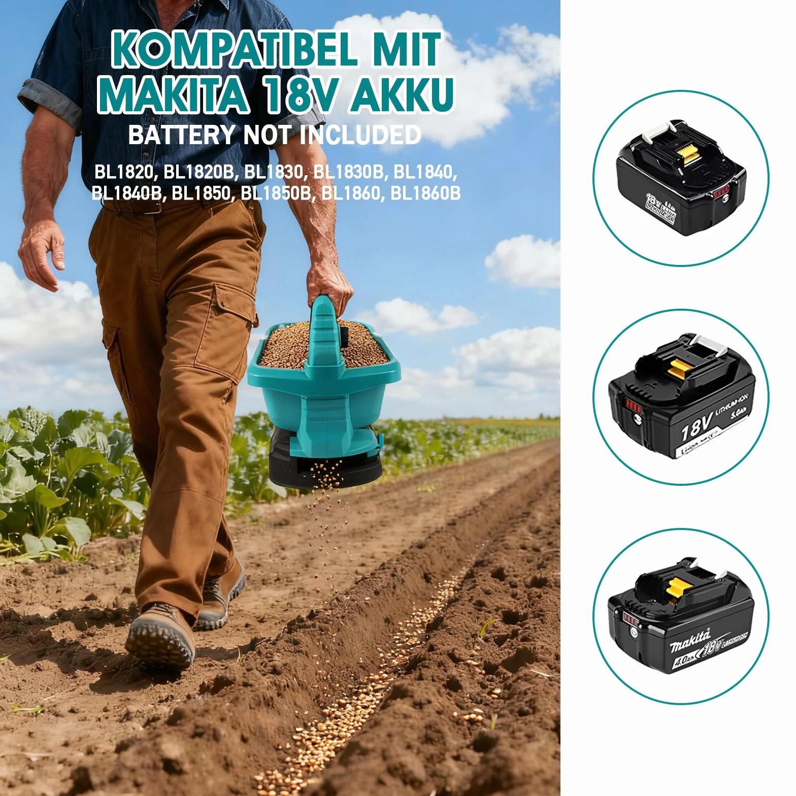 Bezprzewodowy rozrzutnik nasion for Makita 18V, elektryczny rozsiewacz ręczny 3,3L z 8 regulowanymi szerokościami rozproszenia i 6 poziomami przepływu, do nasion, nawozów i środków przeciw chwastom