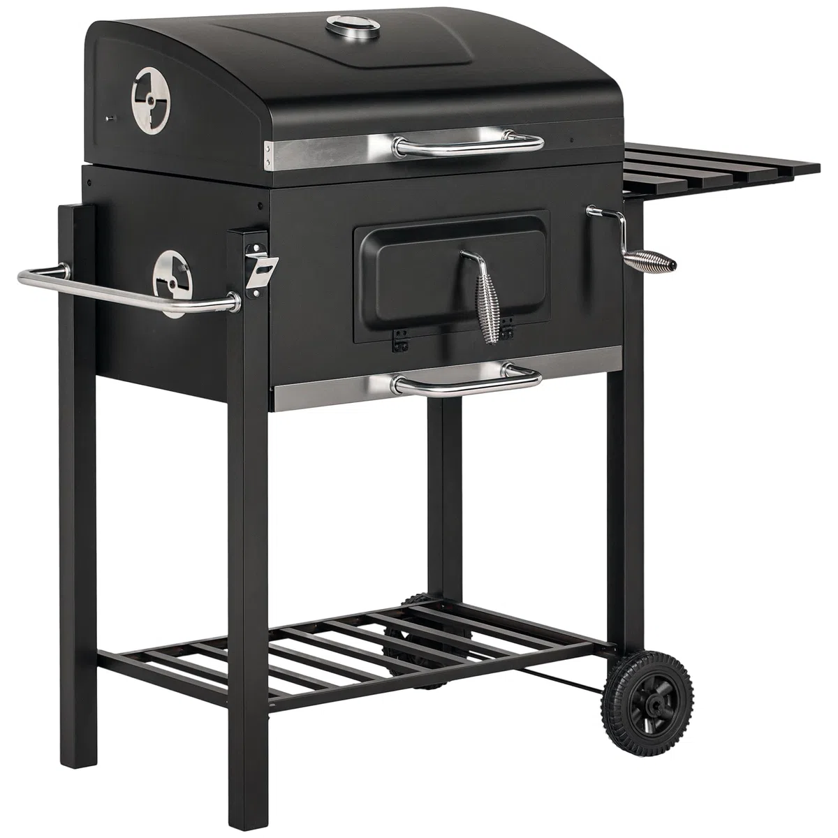 Outsunny Grill na węgiel drzewny ze stali nierdzewnej, BBQ Smoker z pokrywką, termometrem, kółkami, wanną węglową, uchwytem, półką, na wózek węglowy, grill stojący, na kemping, do ogrodu, 115 x 67 x