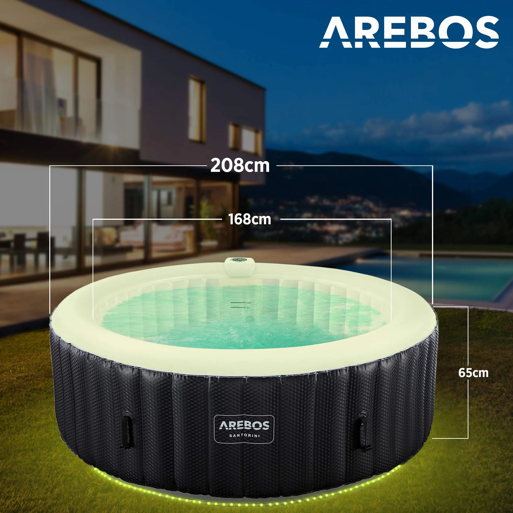 Arebos Nadmuchiwane Spa | Automatyczny nadmuchiwany | do wnętrz i na zewnątrz | 208 cm | 6 osób | Listwa świetlna LED | 130 dysz masujących | 1000 litrów | z pokrywką | Spa i dobre samopoczucie