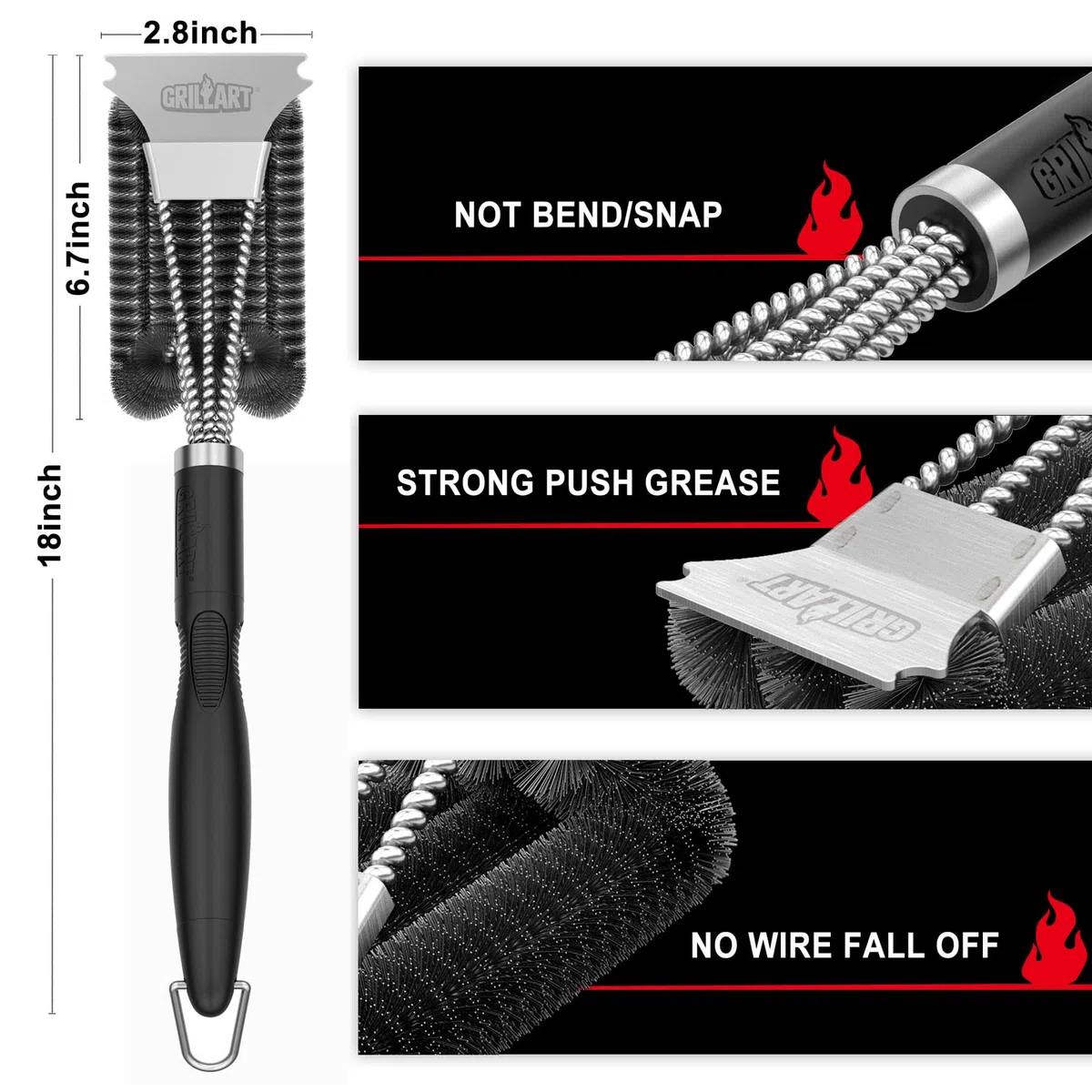 Szczotka do grilla i skrobak – bardzo mocne akcesoria do czyszczenia grilla – bezpieczne kostki druciane 18" ze stali nierdzewnej Triple Scrubber Cleaning Brush for Gas/Charcoal Grilling Grates, Wizard Tool