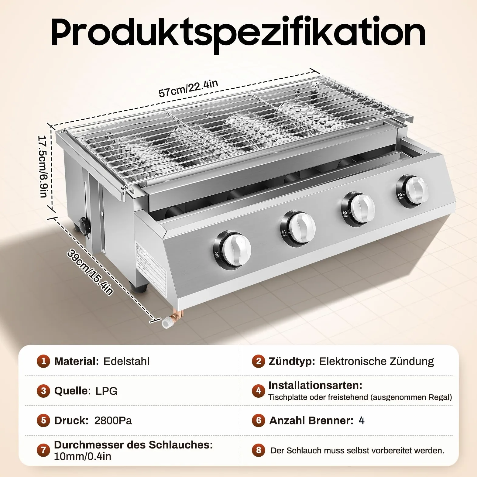 Grill gazowy z 4 palnikami, 2800 Pa LPG, stal nierdzewna, grill stołowy, grill gazowy, grill gastronomiczny z rusztem do grillowania, 57 x 39 x 17,5 cm, regulacja wysokości, na kemping, balkon, do