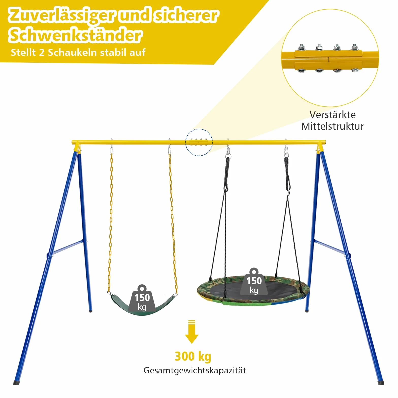 GOPLUS Stelaż Huśtawki Zewnętrznej z Metalu - Obciążenie do 300 kg, dla Dzieci, ze Śledziami i Karabińczykiem - do Huśtawki Gniazdowej i Siatkowej