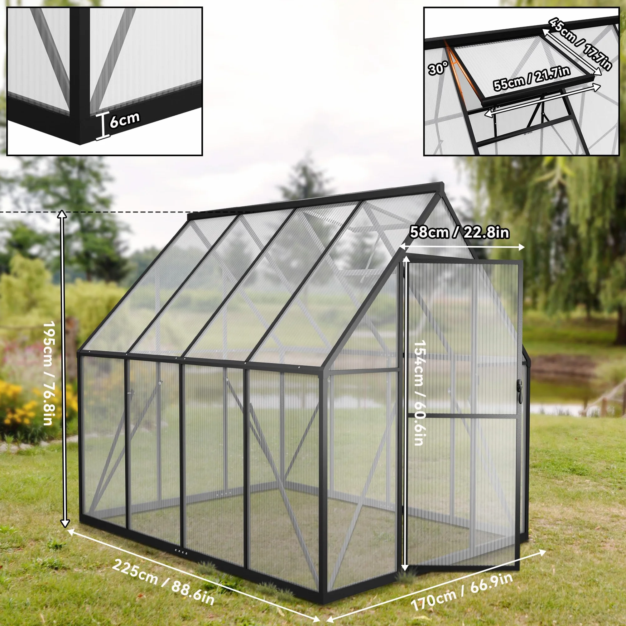 Froadp Szklarnia z aluminium z fundamentem, 230 x 180 x 195 cm, szklarnia ogrodowa 4 mm, płyty komorowe PC, odporna na warunki atmosferyczne, szklarnia na pomidory z oknami, do ogrodu i hodowli
