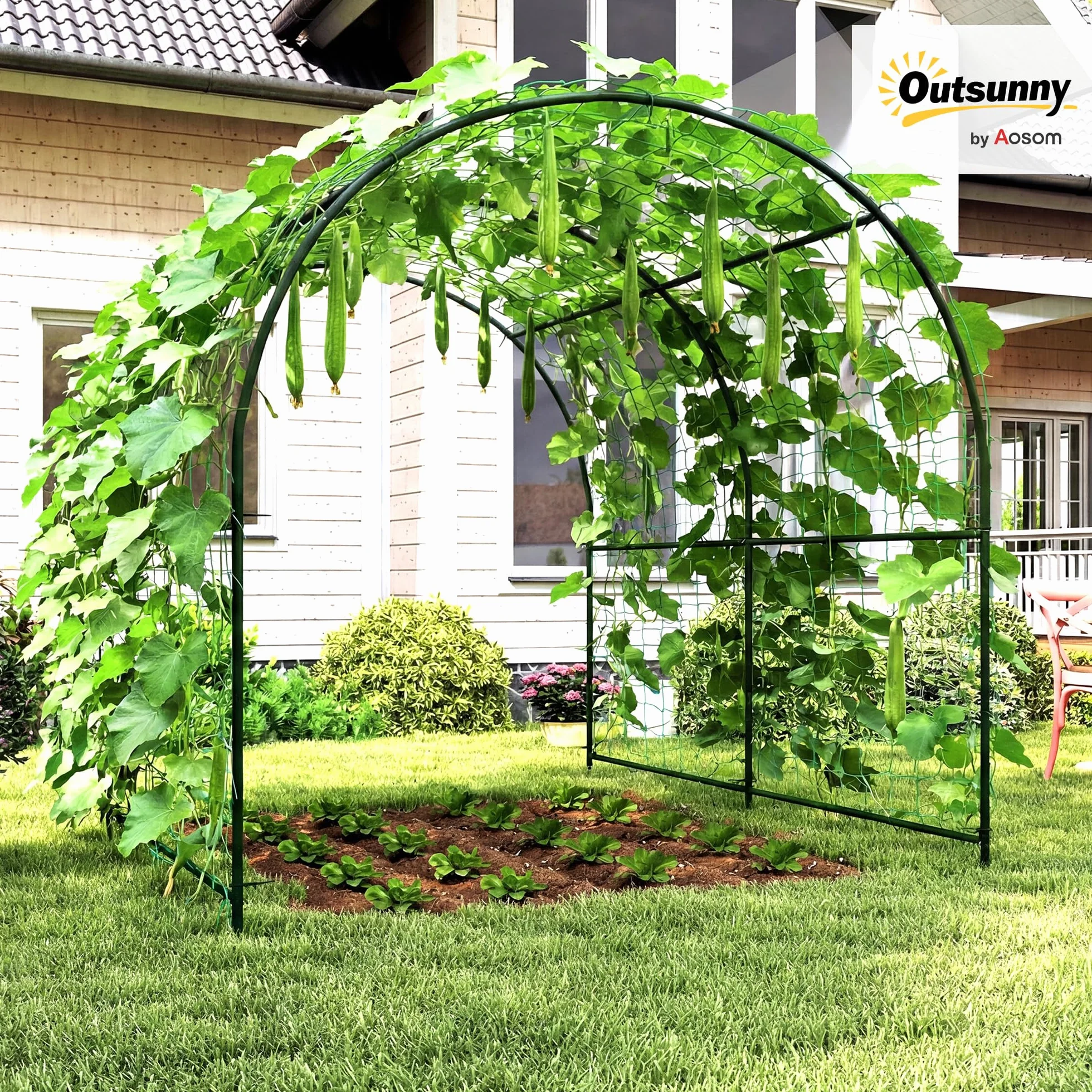 Outsunny Metalowa podpora ogrodowa do roślin, odporna na rdzę, łukowata podpora dla ogórków, 210 x 250 x 216 cm, ciemnozielona