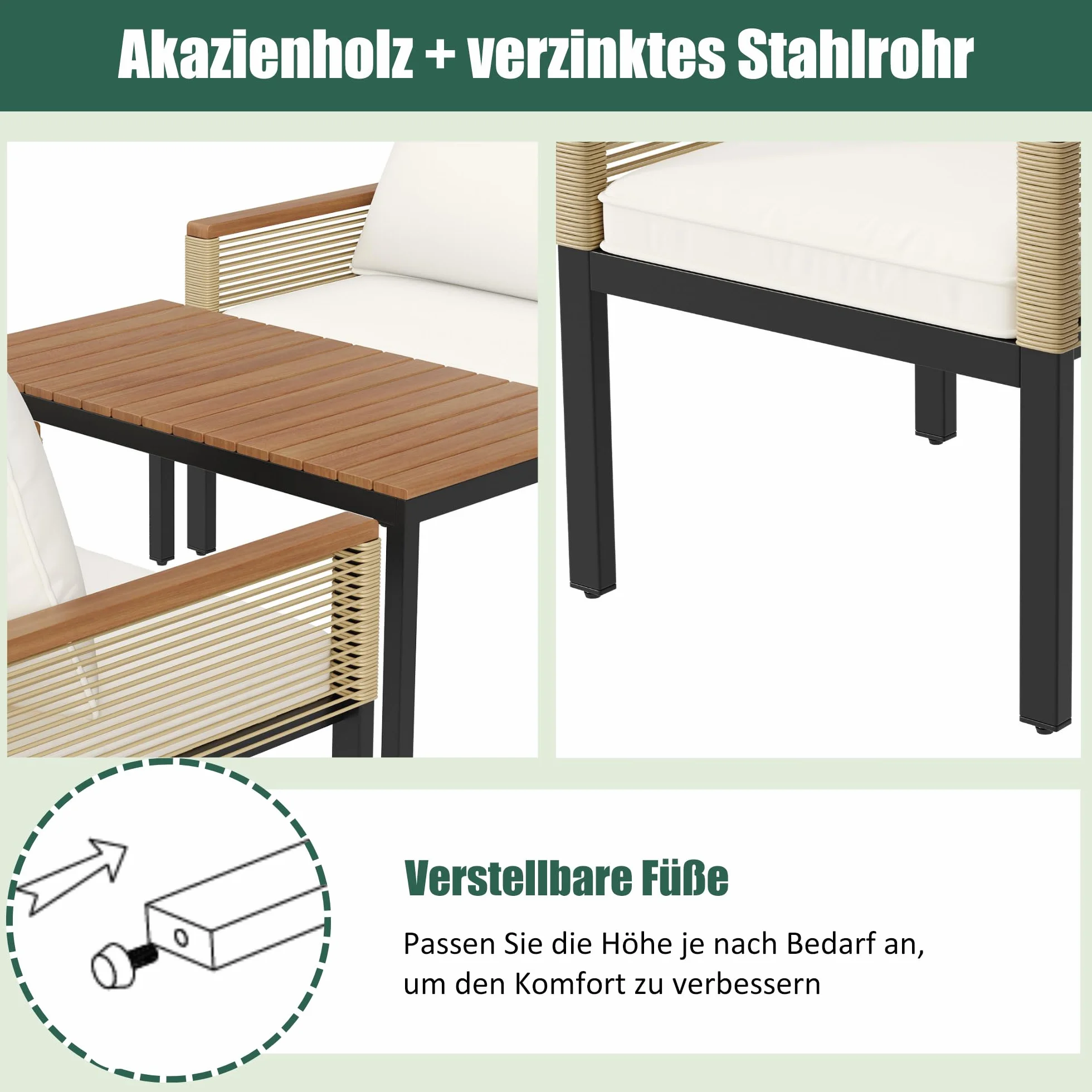 Zestaw mebli ogrodowych z wygodną poduszką, podwójna sofa, 2 fotele i stół, do użytku na zewnątrz, rattan, stół i krzesła (beżowy)
