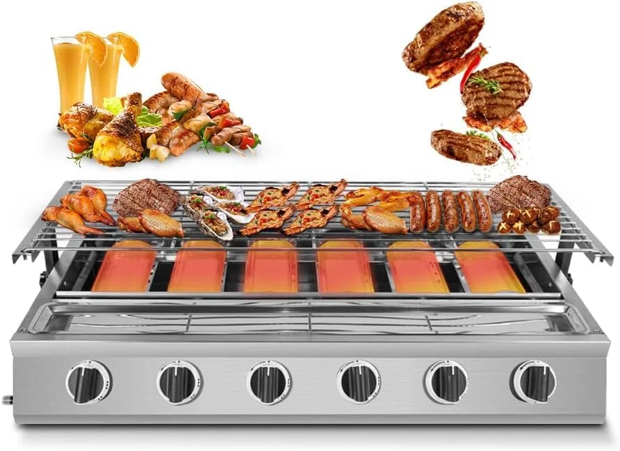 6-palnikowy bezdymny grill LPG ze szklaną pokrywą – idealny do gotowania na świeżym powietrzu, biwakowania, imprez ogrodowych i spotkań na patio