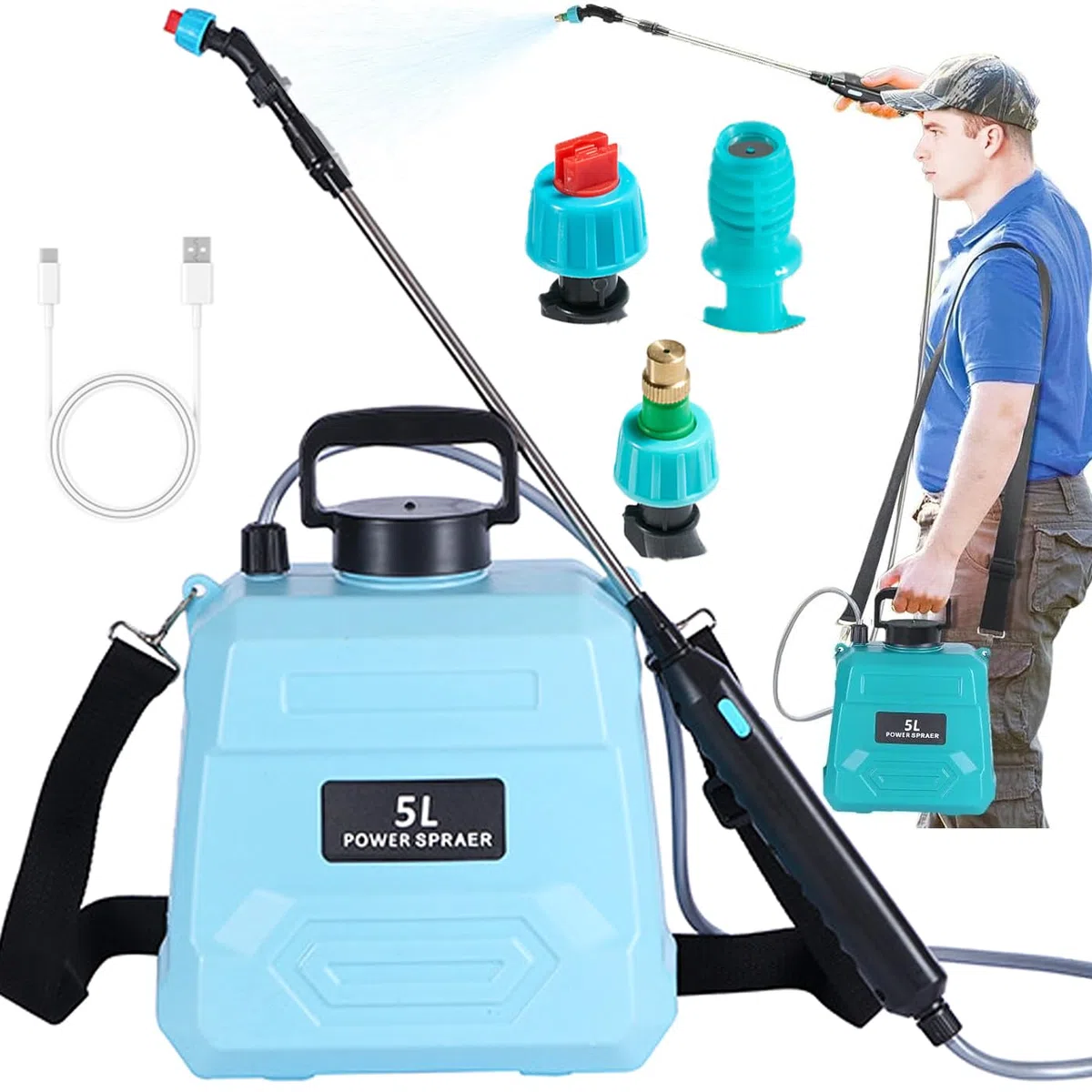 Opryskiwacz ciśnieniowy 5/8 l, opryskiwacz ogrodowy elektryczny z drążkiem teleskopowym o długości 92 cm, 3 rodzaje dysz i 5 efektów wodnych, opryskiwacz pompowy z regulowanym paskiem na ramię