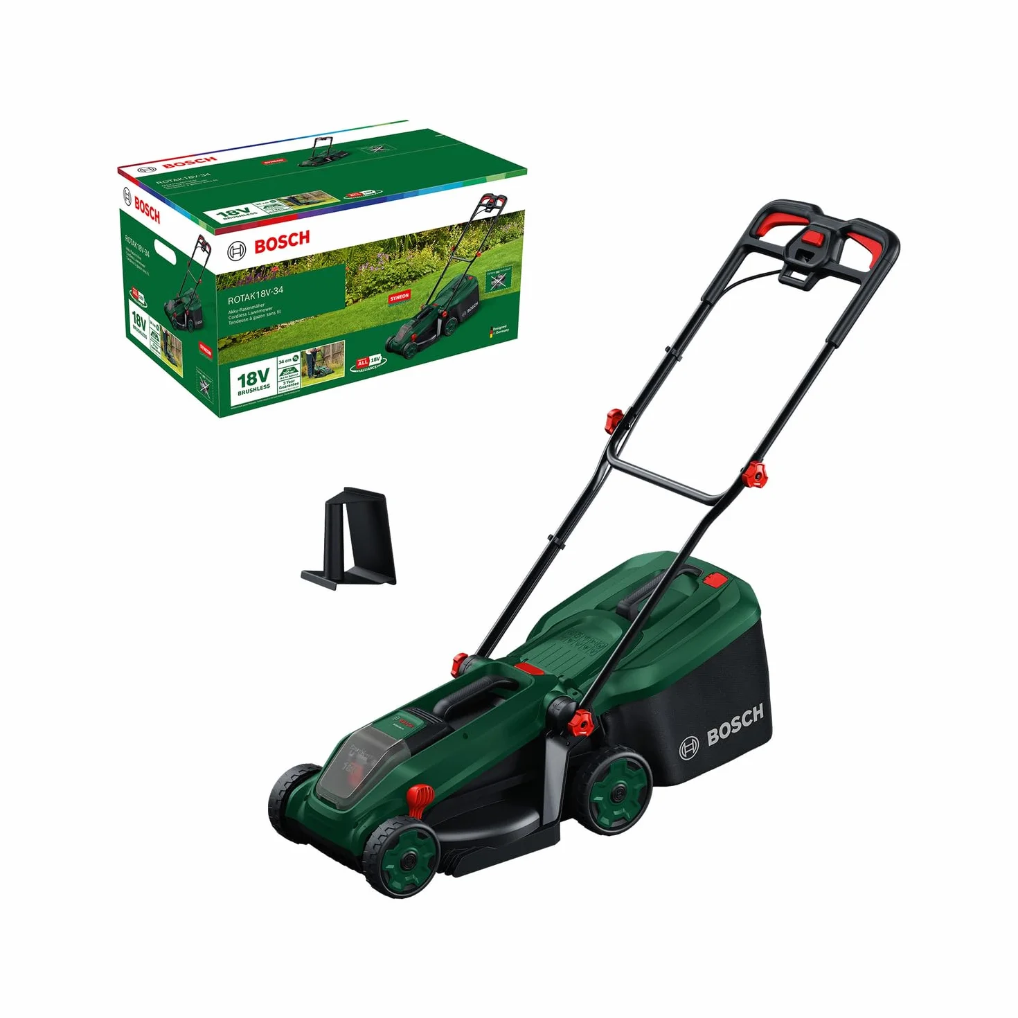 Bosch Kosiarka akumulatorowa ROTAK18V-34 (szerokość cięcia: 34 cm, wysokość cięcia: 25-65 mm, materiałowy worek na trawę 35 l, przystawka do mulczowania, bez akumulatora)