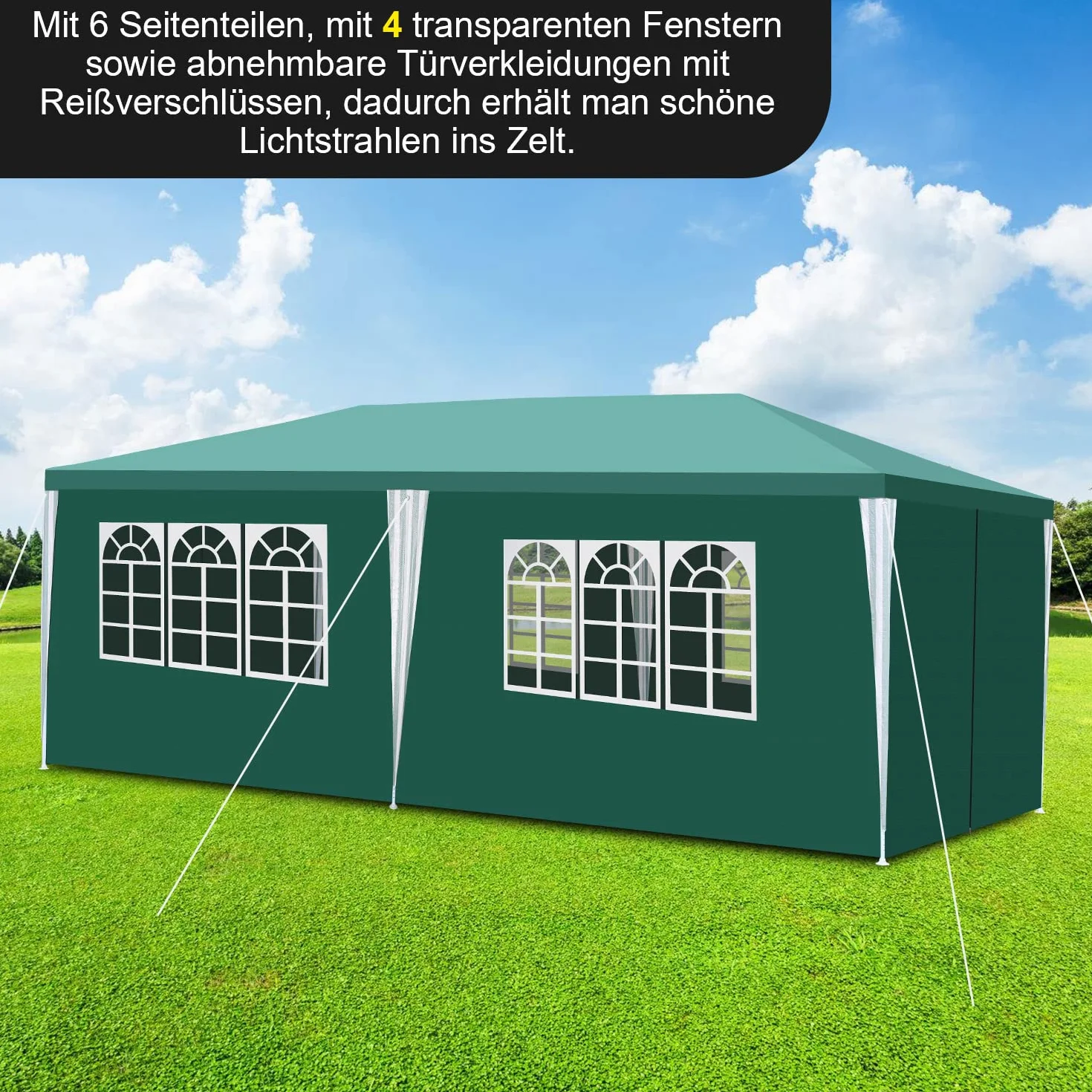 Daromigo Pawilon ogrodowy, 3 x 6 m, wodoszczelny, zielony, namiot ogrodowy, namiot imprezowy, ochrona przed promieniowaniem UV, z częściami bocznymi i dużymi oknami, stabilny, odporny na zimę, na