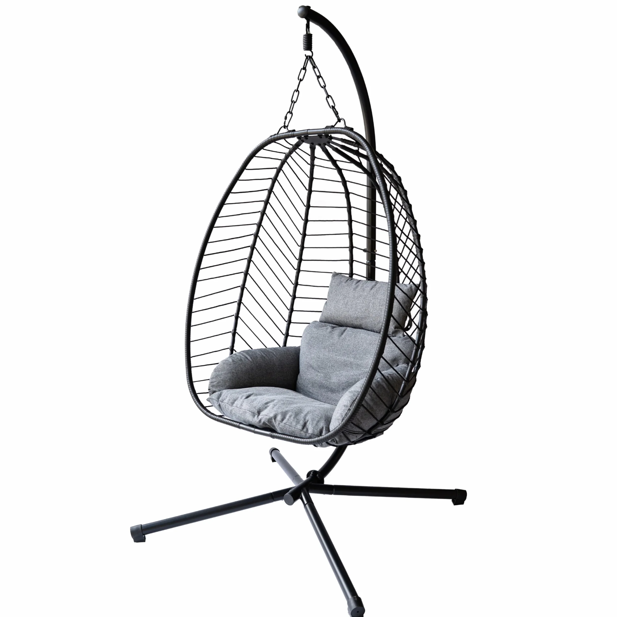 Fotel wiszący ogrodowy kokon ciemno-szary, Premium jakość, styl Urban Loft, 4-ramienna podstawa, do ogrodu, na taras, na balkon