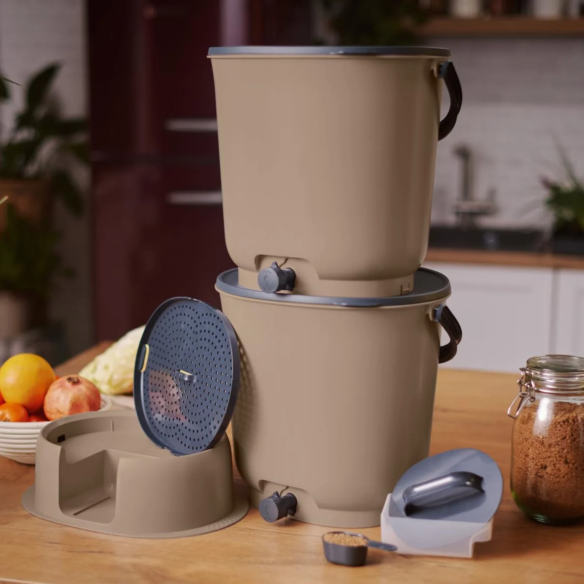 Zestaw 2 kompostowników Bokashi Essential 15,3L + 1 kg do mózgu + 1 Base-Capuccino