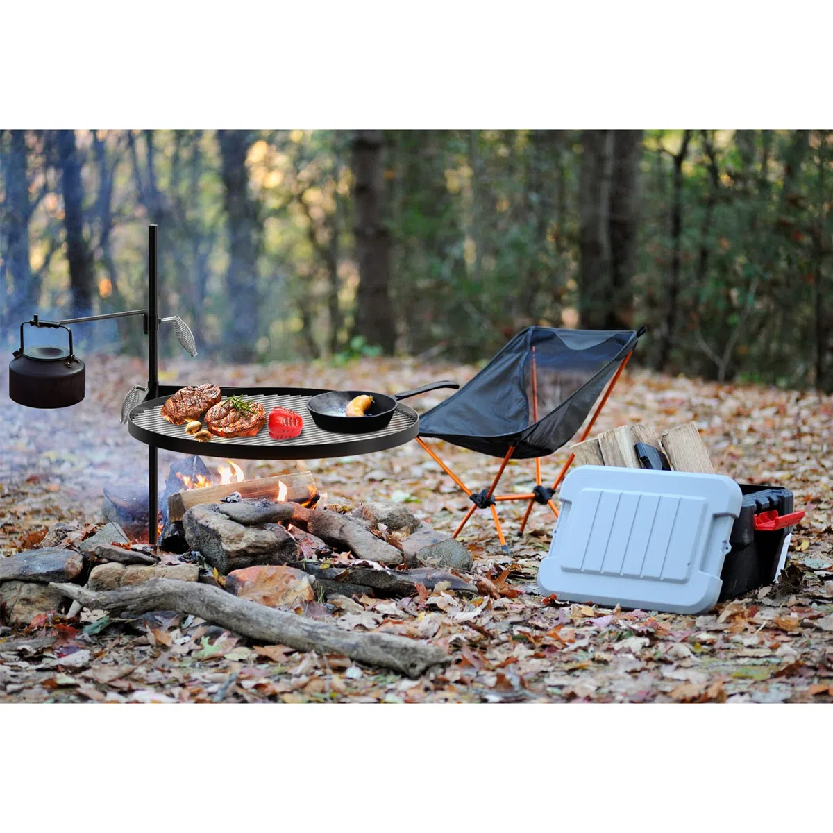 Onlyfire palenisko z rusztem grillowym 56 cm i prętem do grilla, przenośny grill ogniskowy ze stali nierdzewnej do gotowania na świeżym powietrzu na otwartym ogniu na kemping i piknik na świeżym powietrzu