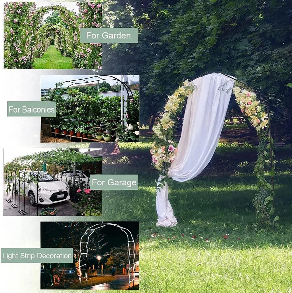 Łuk ogrodowy z metalu na zewnątrz z podstawą o szerokości 140 cm, 180 cm, 240 cm i 300 cm, czarna kratka, różne kwiaty łukowe, pnącze, trawnik, czarny, szer. 2,4 m x wys. 2,2 m (biały szer. 1,4 m