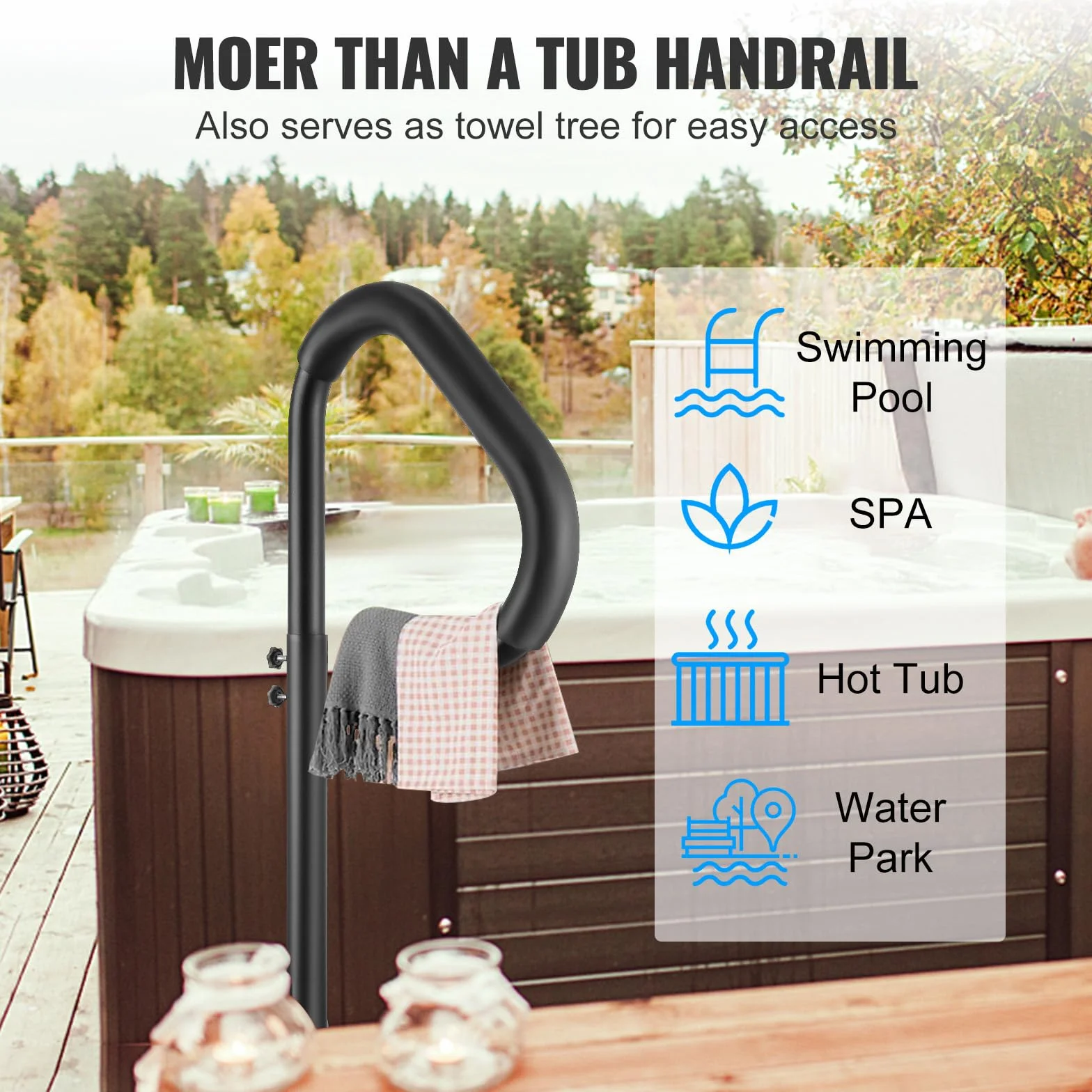 VEVOR Poręcz do wanny z hydromasażem, obrotowa poręcz boczna spa 360 z regulowaną wysokością 89–145 cm, odporna na rdzę aluminiowa szyna do wanny z hydromasażem z podstawą do montażu na zewnątrz i
