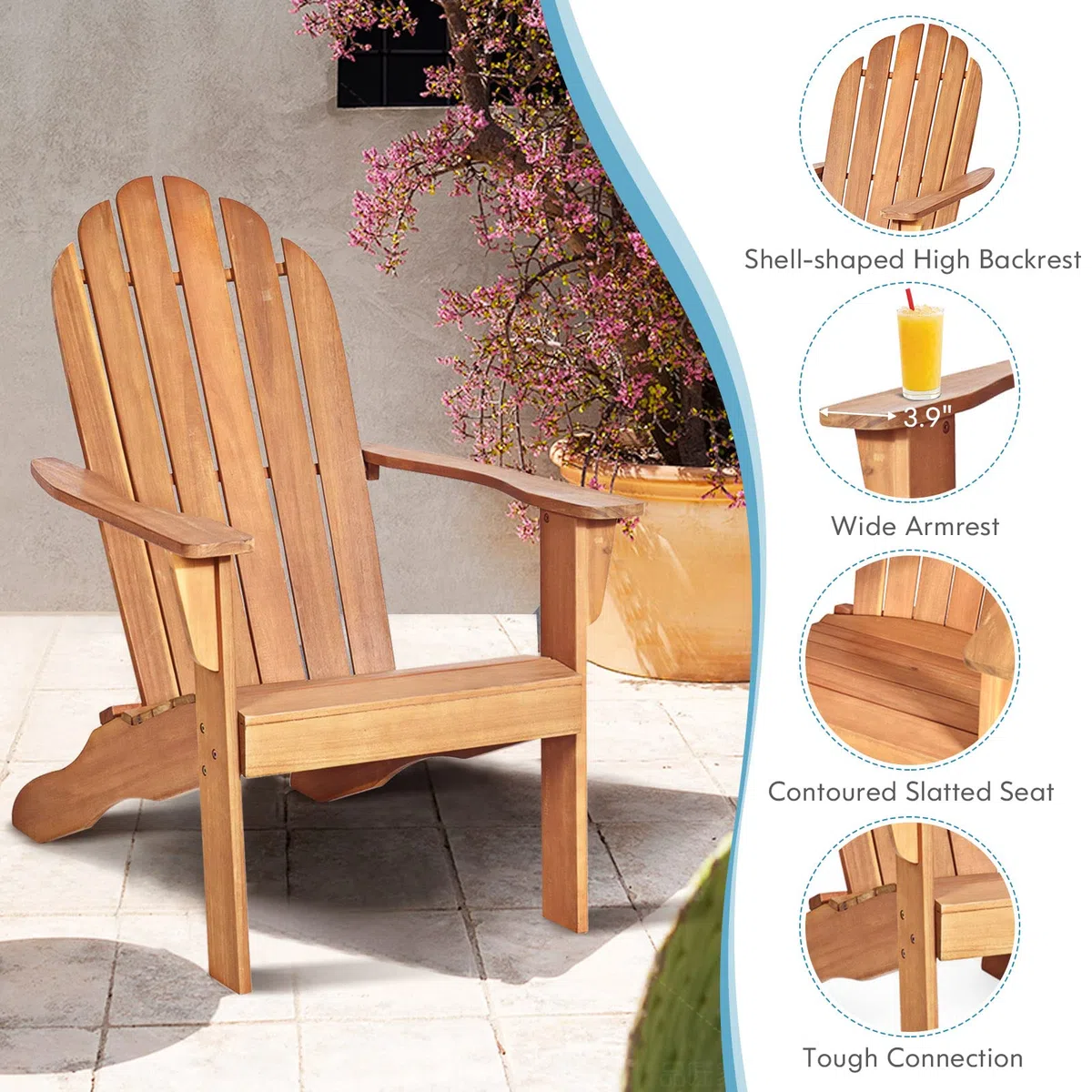 GIANTEX Adirondack krzesło ogrodowe z drewna akacjowego, fotel ogrodowy, styl rustykalny, Westport Chair/fotel, meble ogrodowe, drewniane leżanki, obciążenie 160 kg, ergonomiczne krzesło drewniane, do