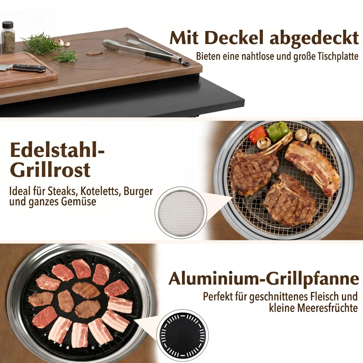 COSTWAY Grill na kółkach, stół grillowy na kółkach, składany stół boczny, powierzchnia robocza o wyglądzie drewna i 2 półki, metal, na taras, 94,5 x 75 x 78,5 cm, brązowy