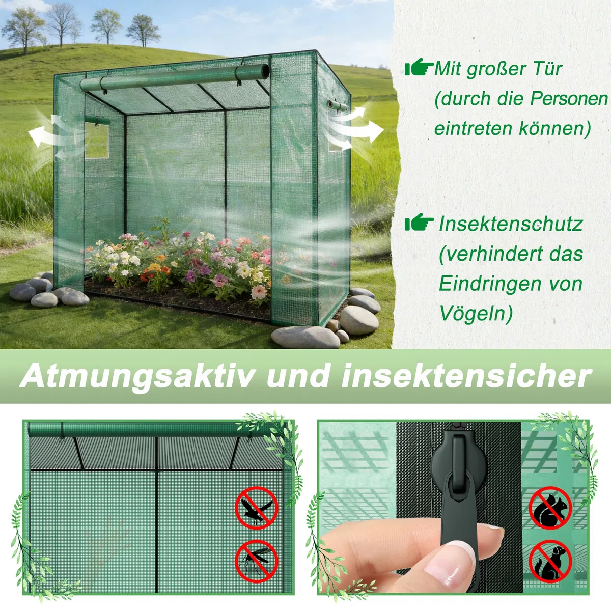 YRHome Dach skośny, 200 x 80 x 150 cm, z drzwiami i zwijanymi oknami, oddychająca szklarnia, rury ze stali ocynkowanej, ochrona przed promieniowaniem UV do warzyw, zielona