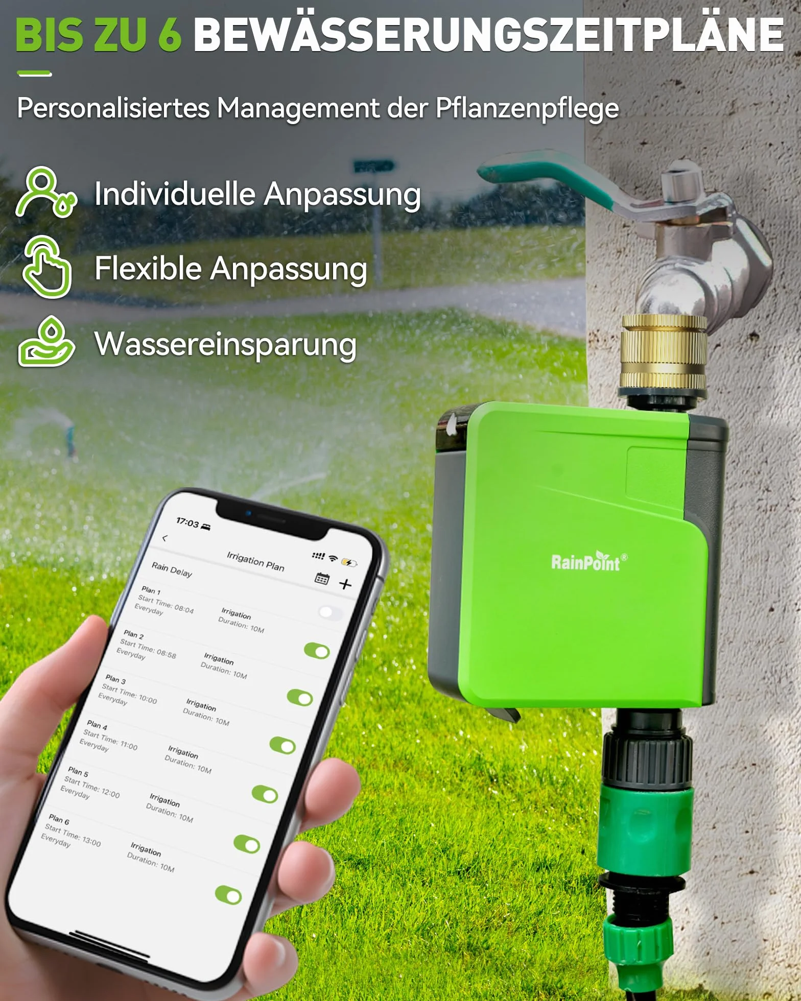 RAINPOINT Komputer do nawadniania WiFi 2,4 GHz z mosiężnym wejściem, inteligentny zegar do węża ogrodowego