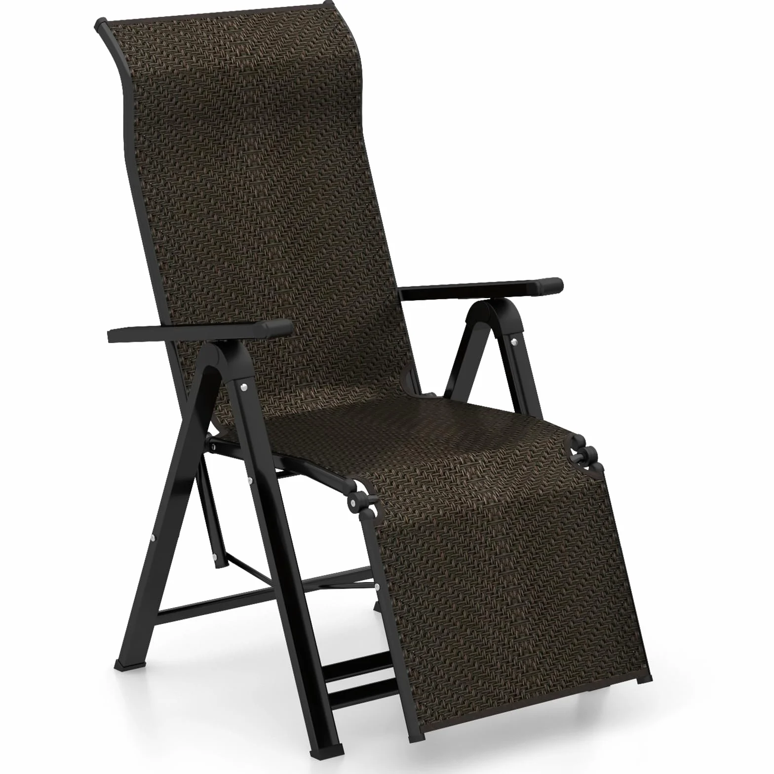 COSTWAY Leżak rattanowy, składany leżak z regulowanym oparciem, krzesło ogrodowe z funkcją leżenia, leżak ogrodowy z podłokietnikami, leżak z wysokim oparciem, składany leżak do ogrodu, na taras