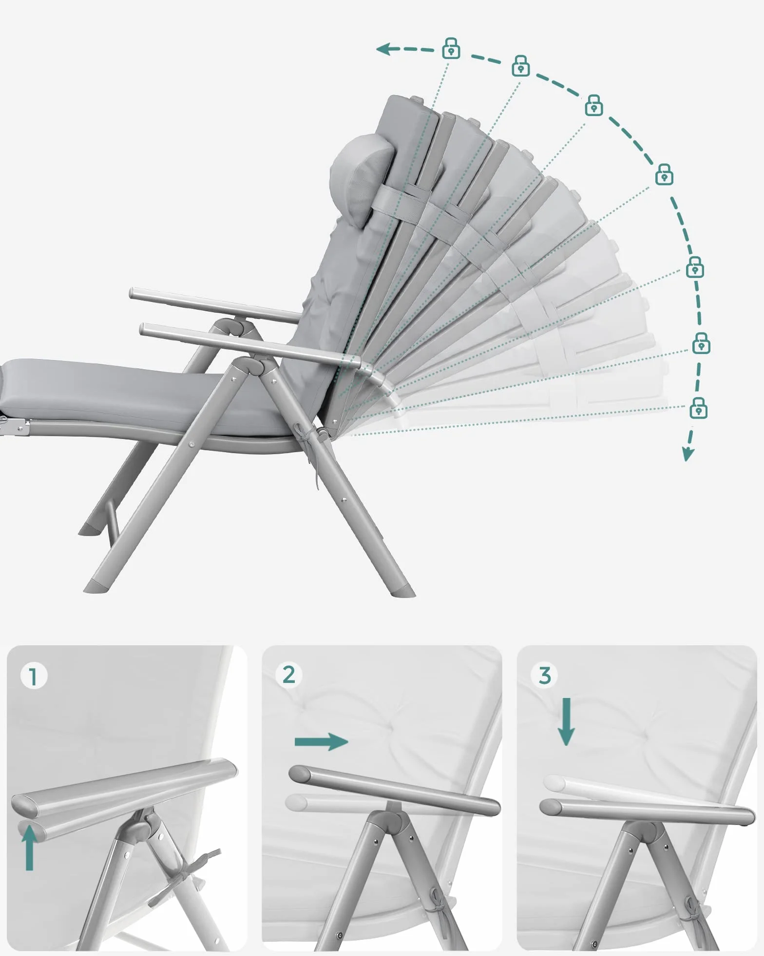 SONGMICS GCB24GY Leżak do opalania składany z materacem 6 cm, aluminium nierdzewne, obciążenie 150 kg, szary