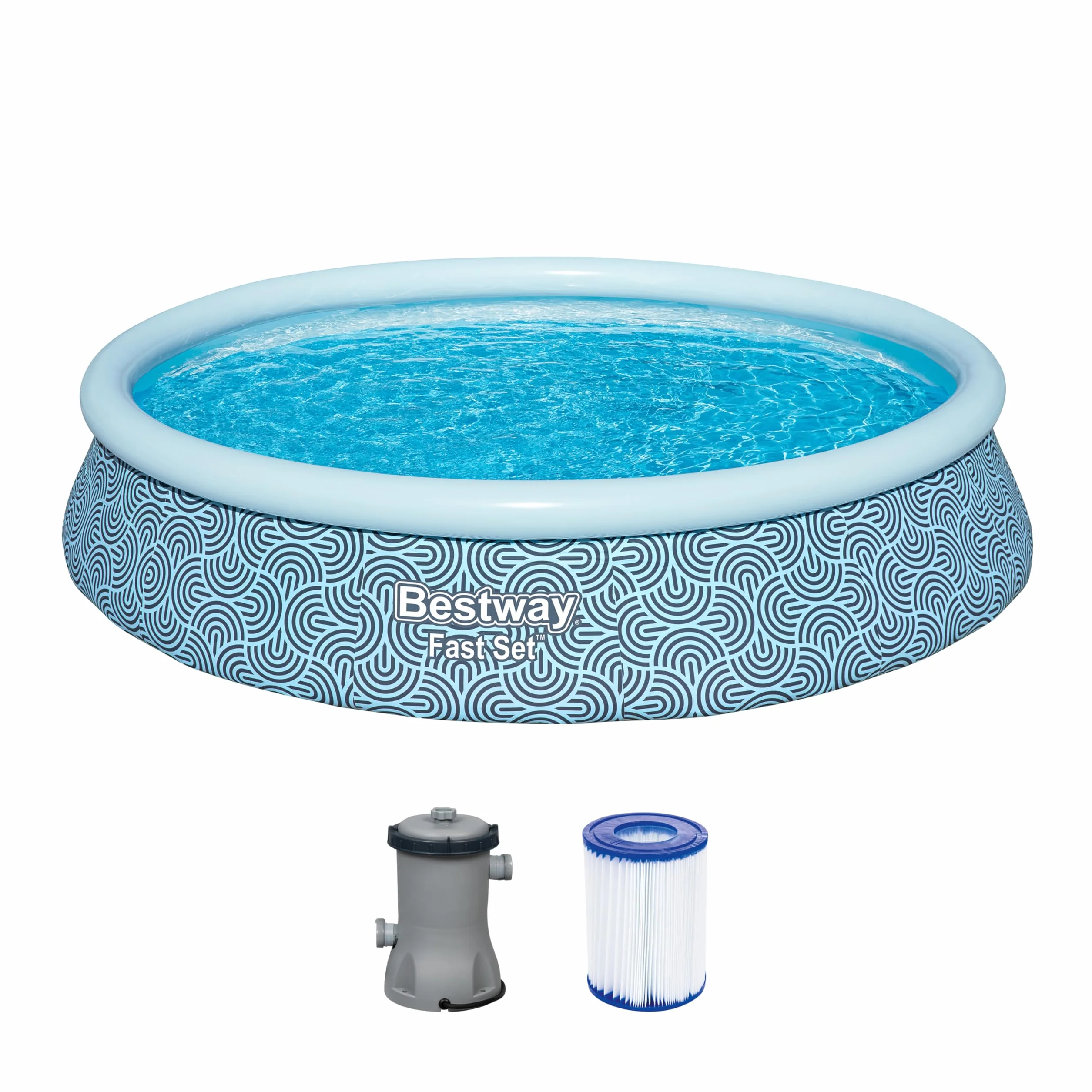 Bestway Fast Set zestaw basenów rozkładanych z pompą filtrującą, Ø 396 x 84 cm, 7340 l, 3-warstwowy materiał TriTech, graficzne linie, do samodzielnego montażu, pompa filtrująca, wkład filtrujący,