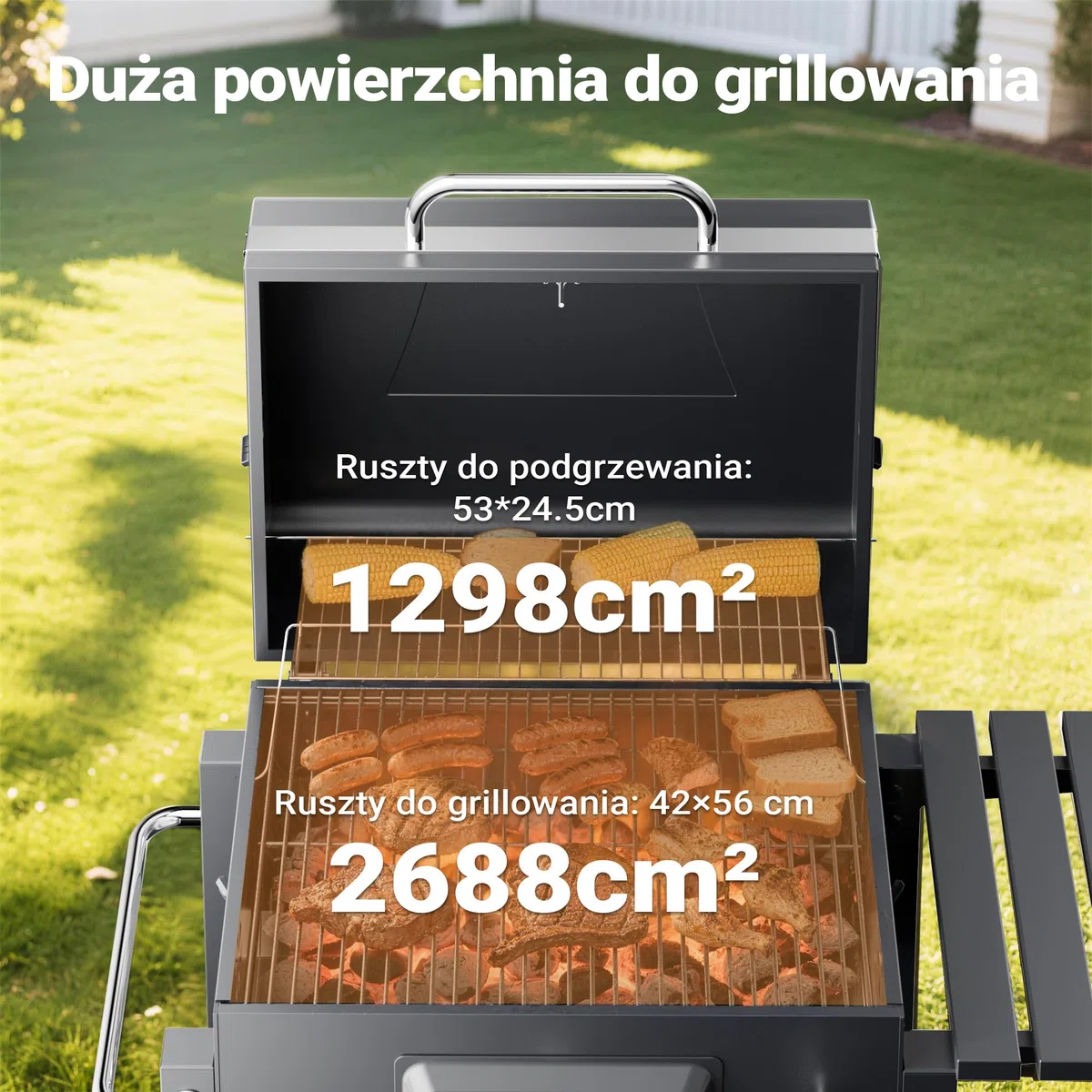 Wiltec Grill węglowy z pokrywą, termometrem i regulacja wysokości półki, prostokątny mobilny grill stojący ze stali do grillowania w ogrodzie