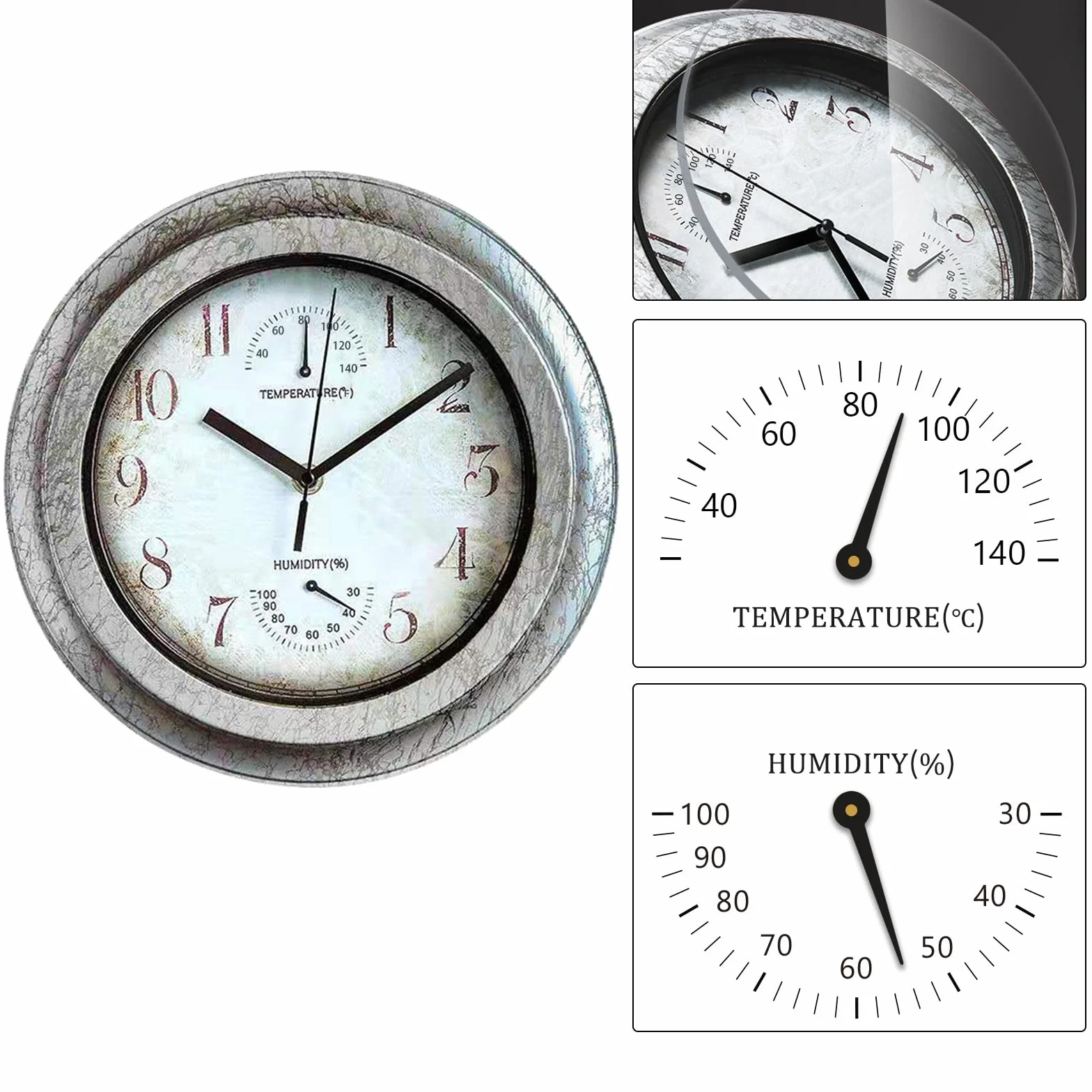 Zegar ścienny w stylu vintage, do ogrodu, 30 cm, do użytku wewnątrz i na zewnątrz, z termometrem i higrometrem, retro antyczny styl industrialny