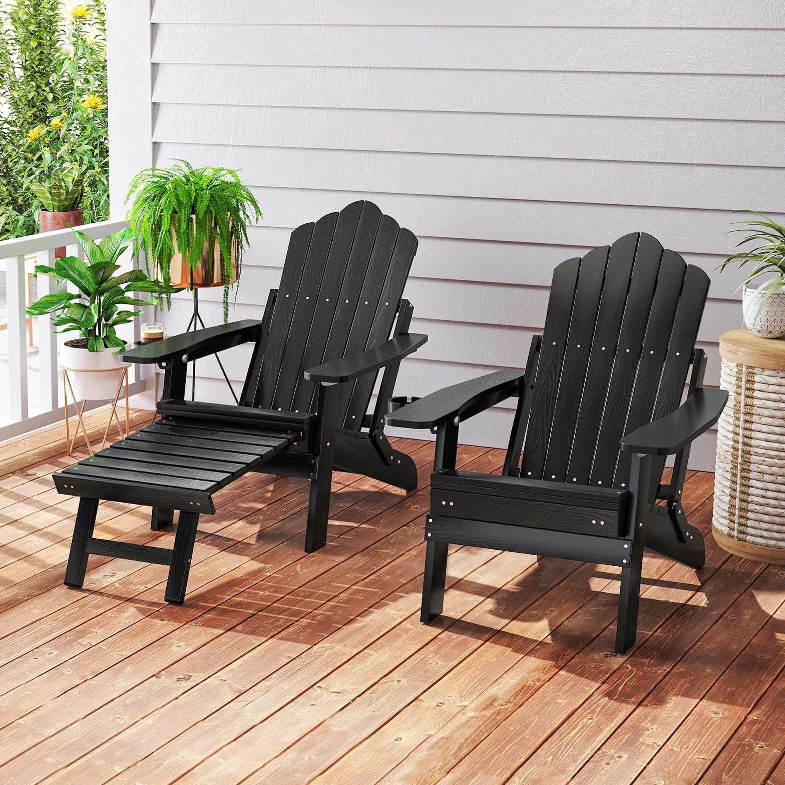 COSTWAY Składane krzesło Adirondack z podnóżkiem i regulowanym oparciem, odporne na warunki atmosferyczne Adirondack Chair z tworzywa sztucznego, fotel ogrodowy z uchwytem na napoje, do ogrodu, na