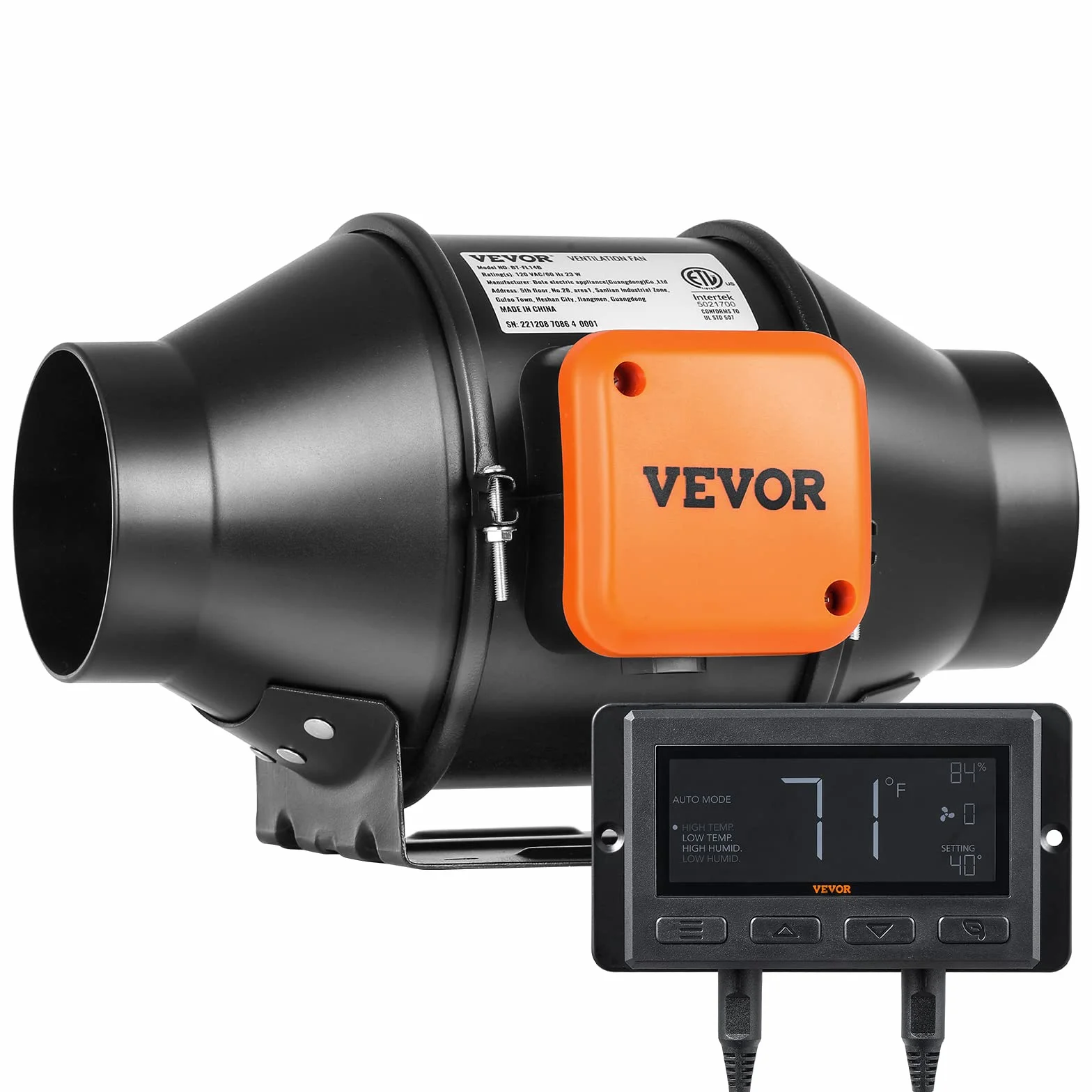 VEVOR Inline wentylator kanałowy, 21 W, 205 CFM z regulatorem temperatury i wilgotności, cichy silnik EC, wentylator wyciągowy do chłodzenia, wzmacniacza wzrostu, hydroponiki