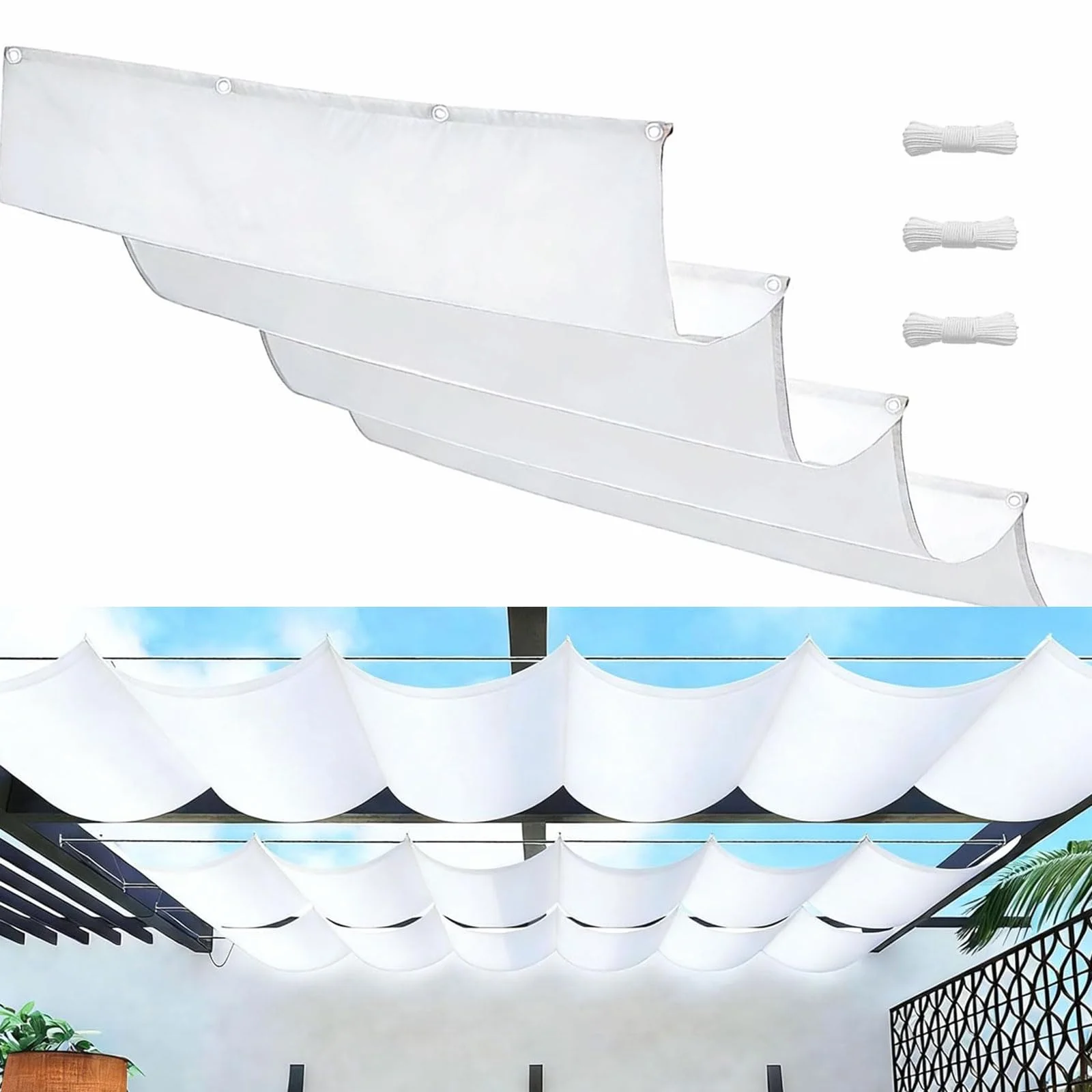 Żagiel Przeciwsłoneczny Rozwijany 170 x 600 cm Regulowany, Wodoodporny, Blokujący Promieniowanie UV Żagiel Ogrodowy, Zadaszenie Tarasu Linką I Przelotkami Do Ogrodu, Biały
