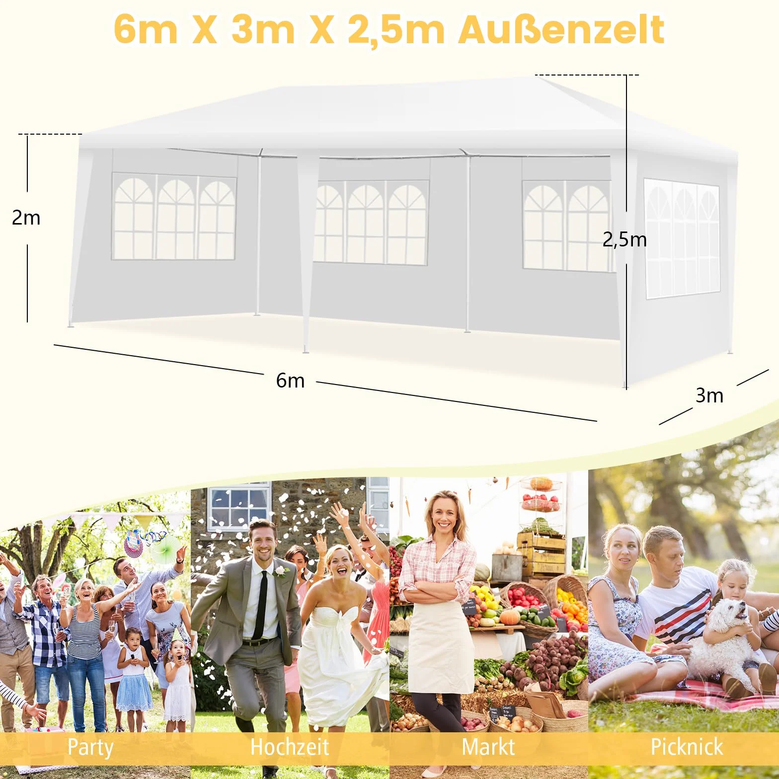 COSTWAY Pawilon ogrodowy 3 x 6 m z 6 ścianami bocznymi i oknami namiot imprezowy ochrona UV