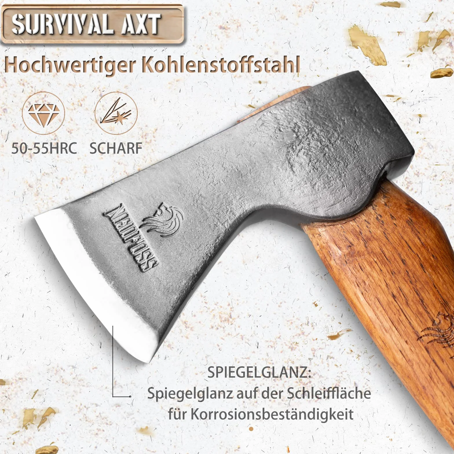 NedFoss Siekiera survivalowa, siekiera wikingów z drewnianym uchwytem, z pochwą, siekiera bushcraft, do rozłupywania, ostra, uniwersalna, wysokiej jakości, do ogrodu, na kemping, na zewnątrz, 38 cm