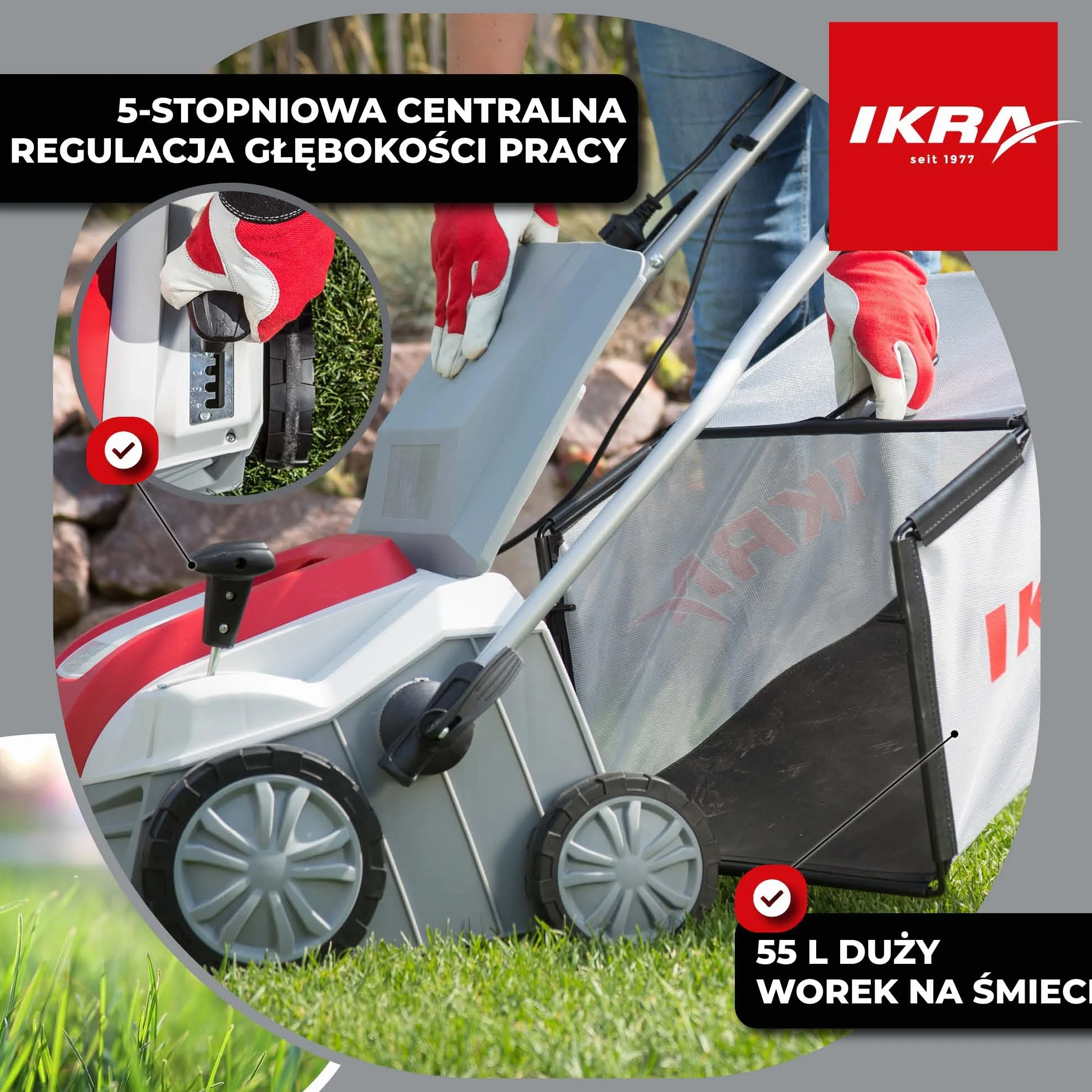 IKRA Aerator i Wertykulator elektryczny IEVL 2000, worek wychwytujący 55 l, szerokość robocza 40 cm, moc 2000 W