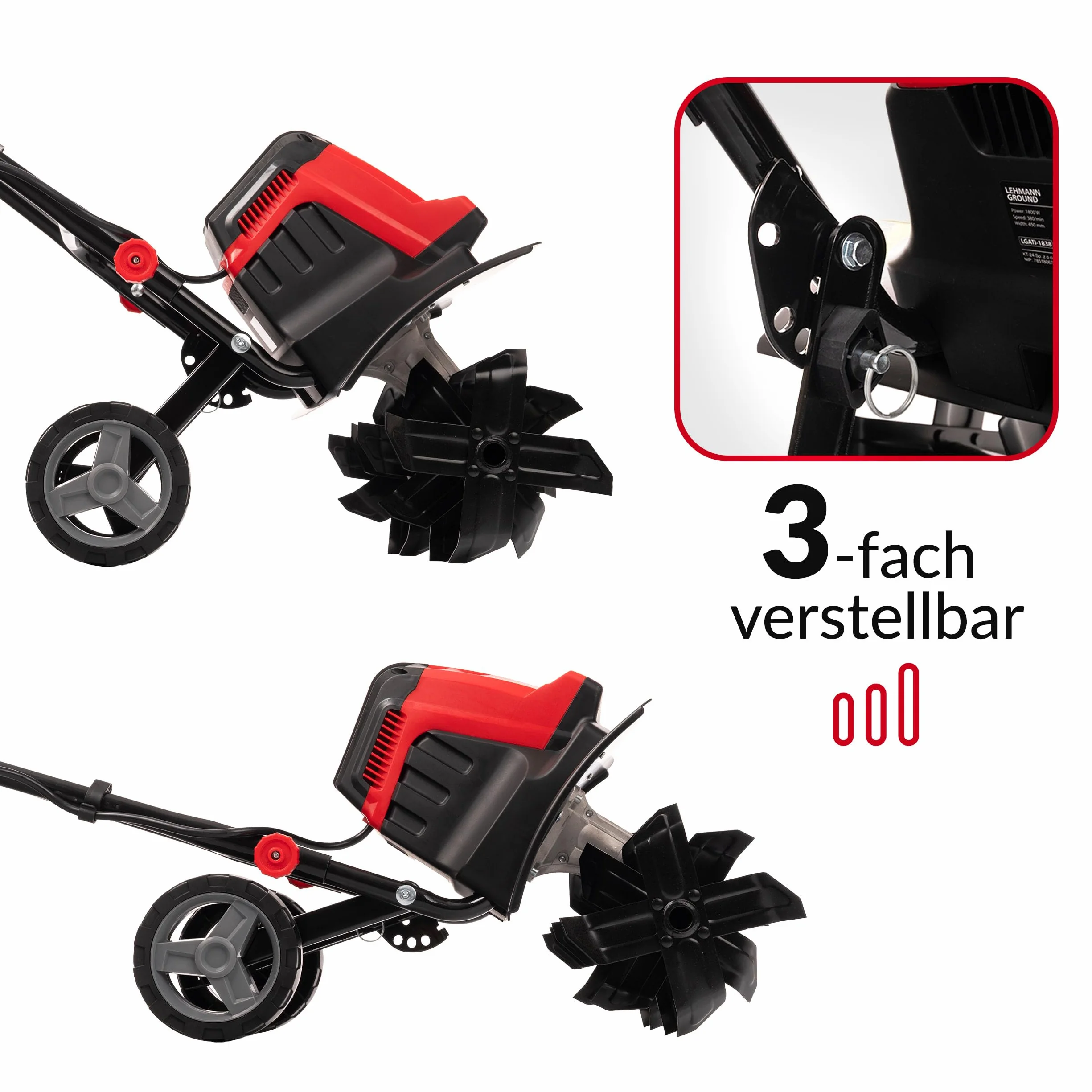 LEHMANN Elektryczna glebogryzarka, 1800 W, glebogryzarka o szerokości roboczej 45 cm i głębokości roboczej 22 cm, 24 noże, składany uchwyt, frezarka ogrodowa z kołami transportowymi do kopania i