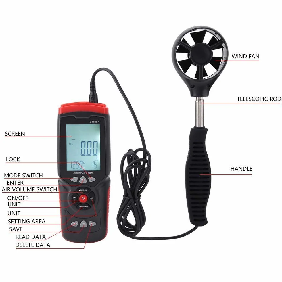 GT8907 Wysoko precyzyjny USB Anemometr Prędkość wiatru / Temperatura/wilgotnościomierz cyfrowy termometr wiatrowy