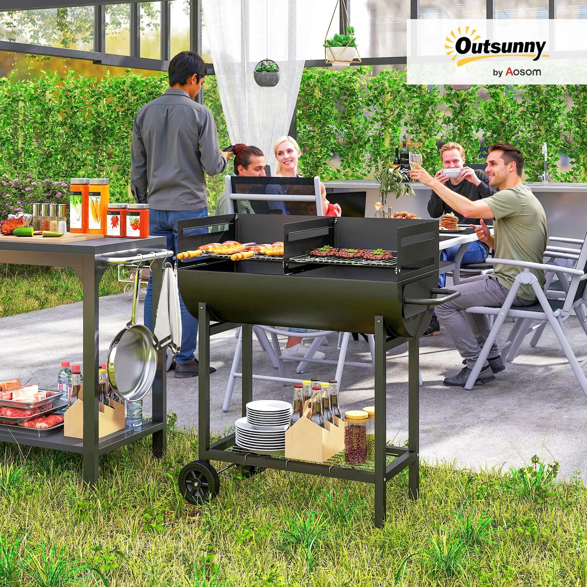 Outsunny Grill na węgiel drzewny, 3 stopnie regulacji wysokości, na taras, na zewnątrz, do ogrodu, wędzarni z kółkami, 90 x 45 x 96 cm, czarny